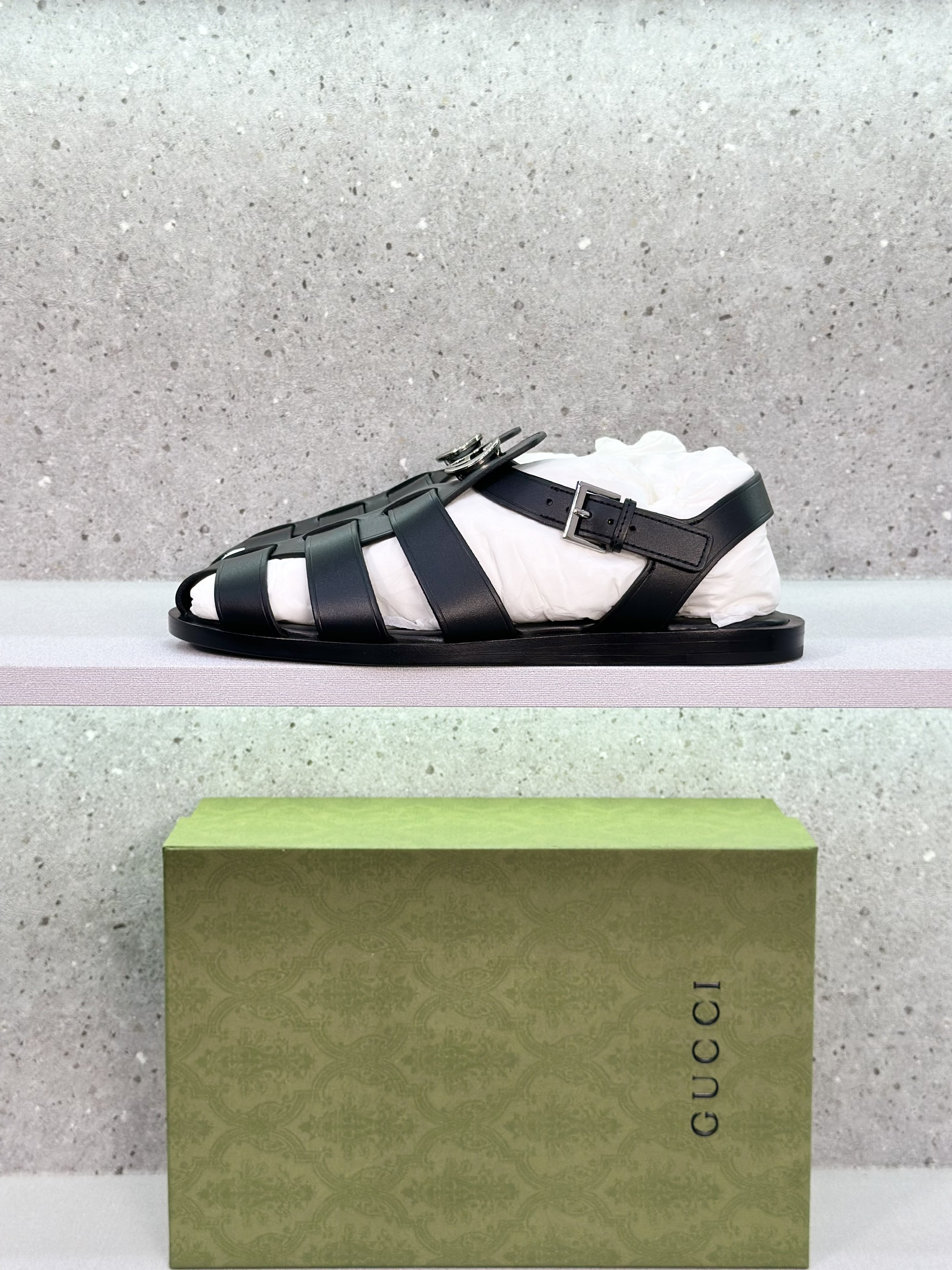 Dép rọ sandal Gucci GC Đen logo GG bạc Like Auth on web fullbox bill thẻ VTN