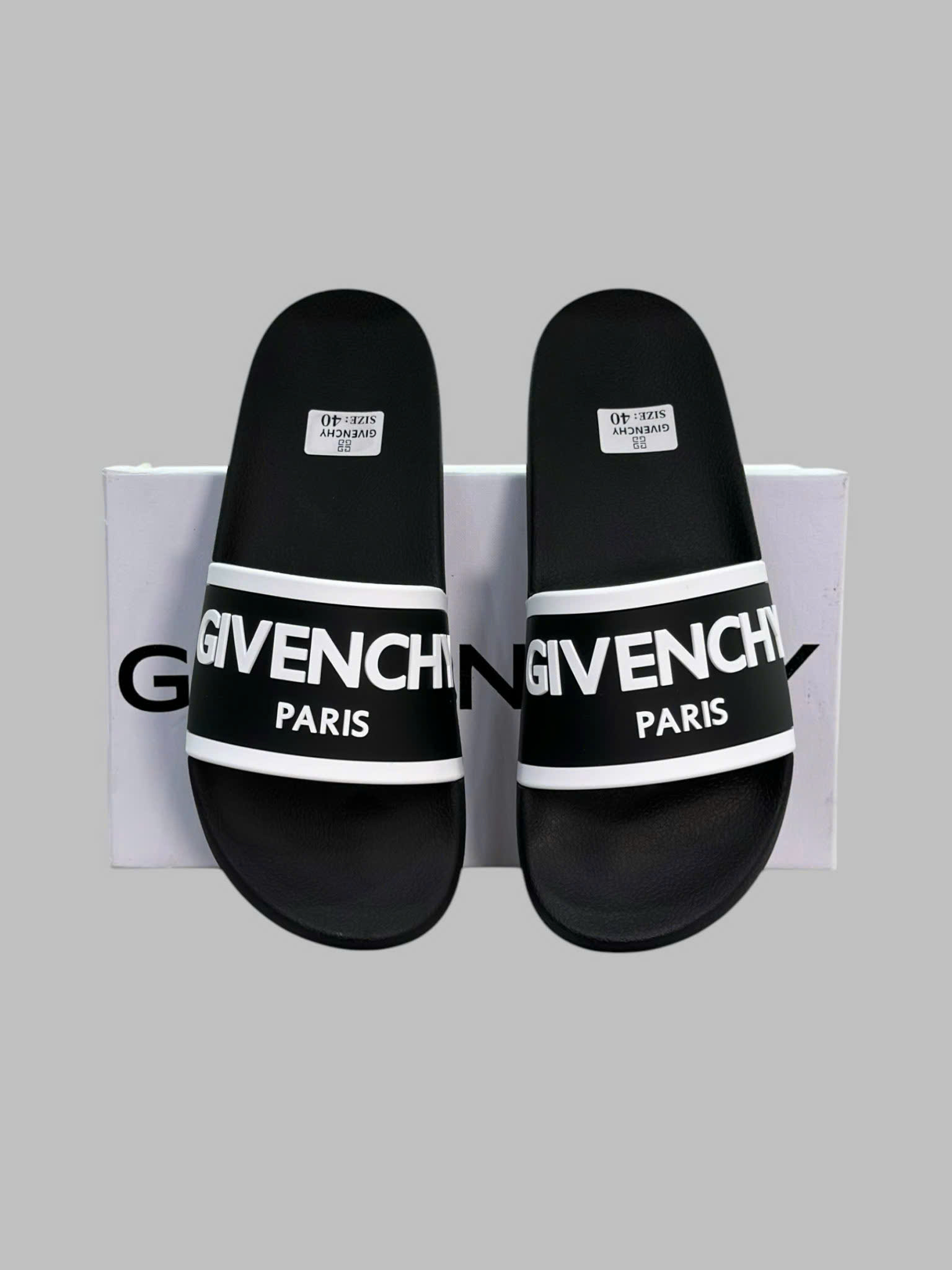Dép lê quai ngang Givenchy GVC Đen logo chữ Trắng Like Auth fullbox VTN