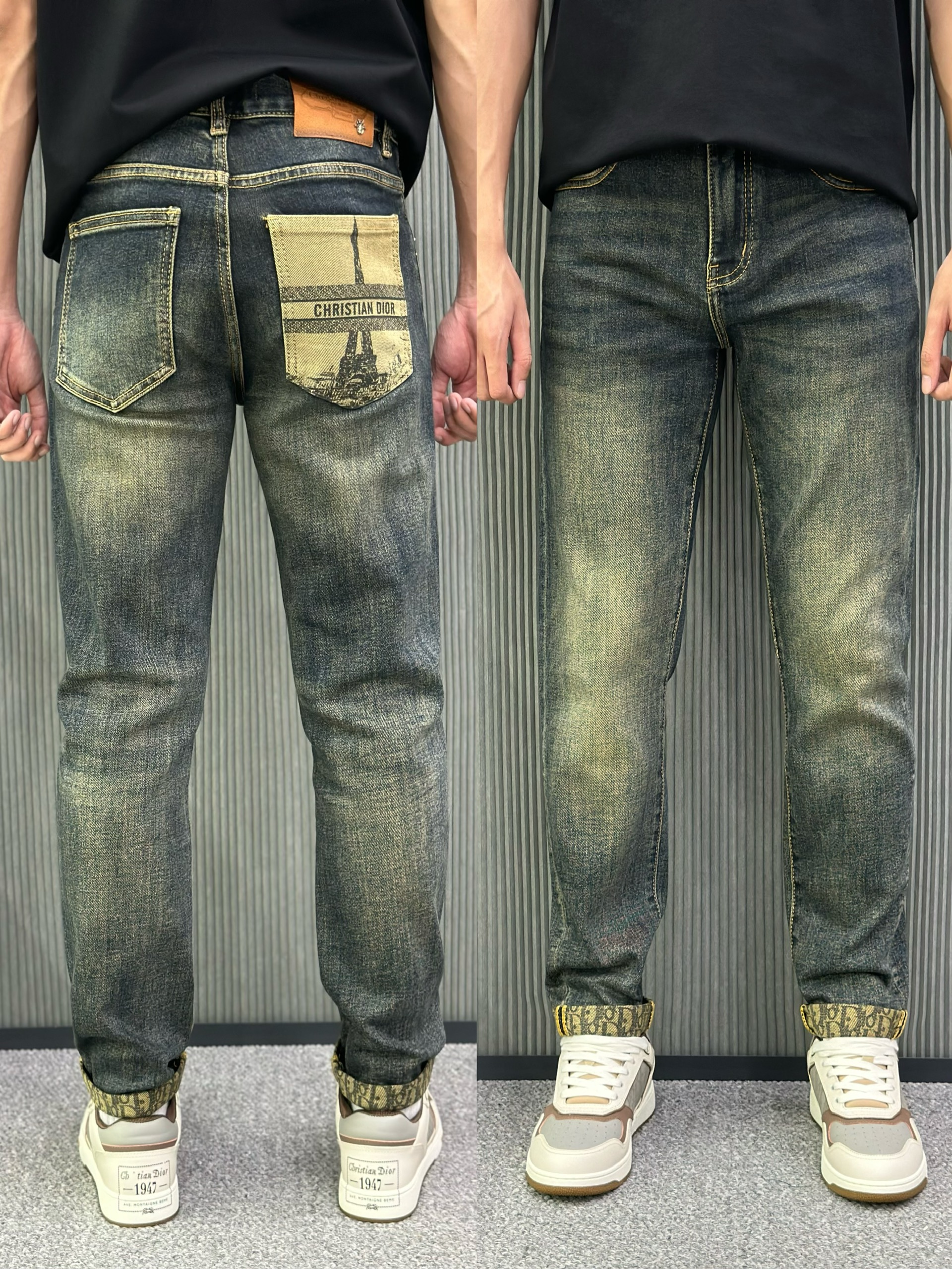 Quần jean Dior CD Xanh rêu họa tiết logo tháp túi sau Like Auth VTN