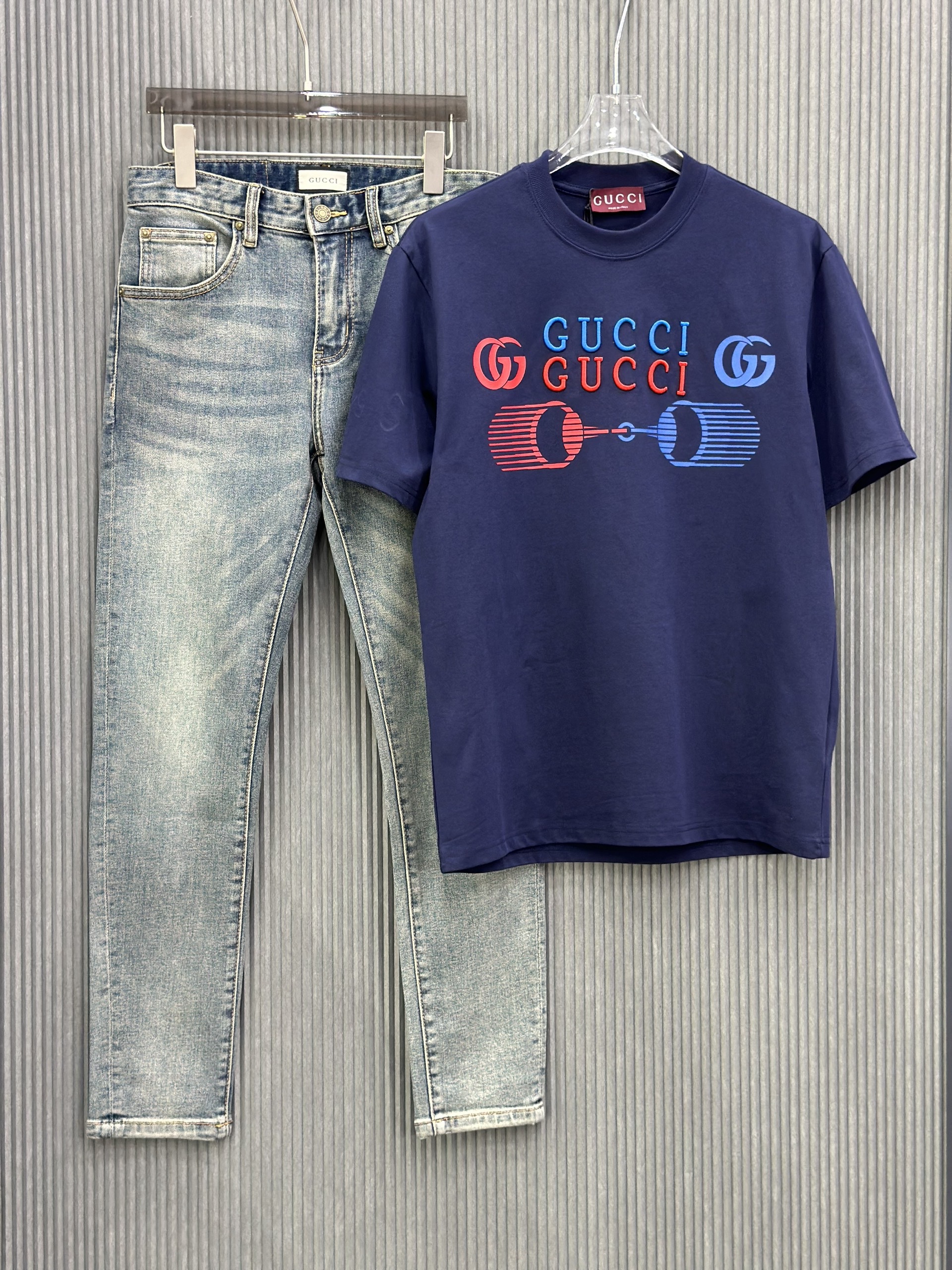 Quần jean Gucci GC Xanh logo dập nổi thêu Xanh Đỏ túi sau Like Auth VTN