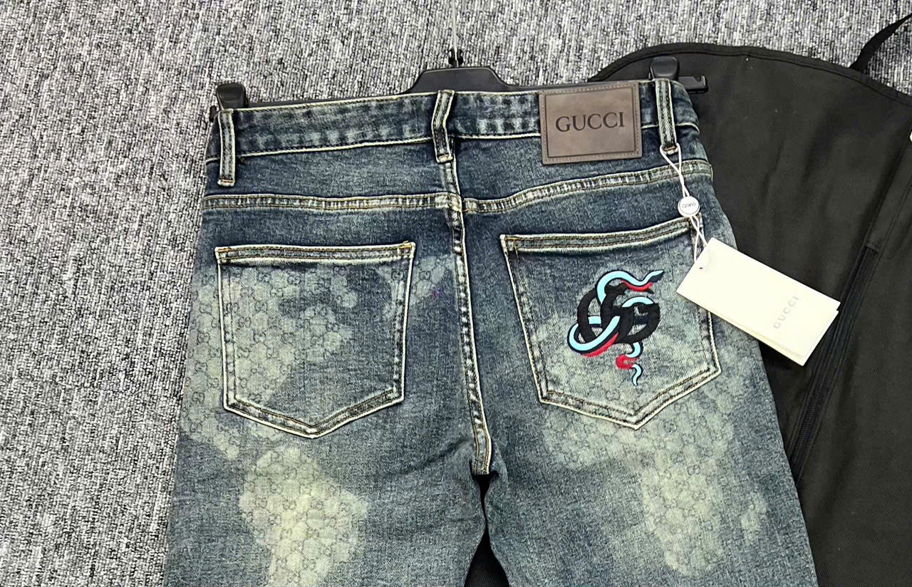Quần jean Gucci GC Xanh bạc họa tiết monogram logo chữ lồng rắn thêu túi sau Like Auth NV