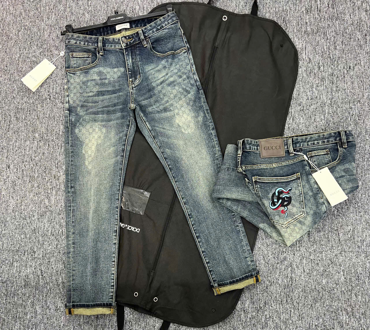 Quần jean Gucci GC Xanh bạc họa tiết monogram logo chữ lồng rắn thêu túi sau Like Auth NV