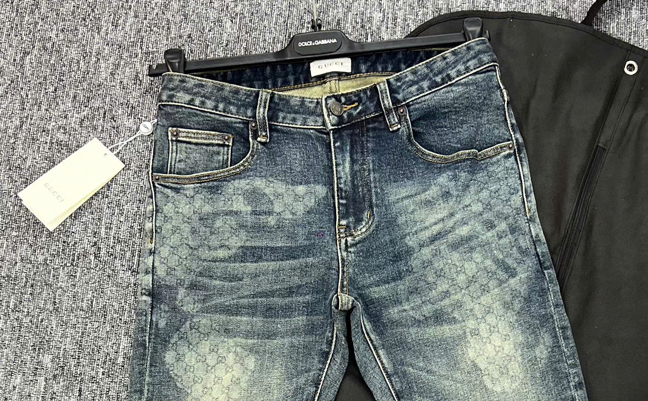 Quần jean Gucci GC Xanh bạc họa tiết monogram logo chữ lồng rắn thêu túi sau Like Auth NV