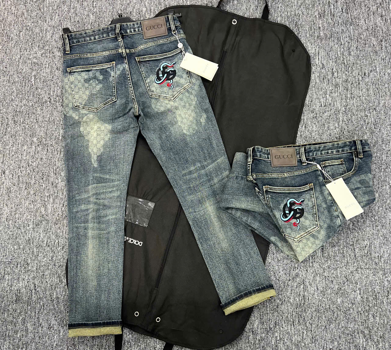 Quần jean Gucci GC Xanh bạc họa tiết monogram logo chữ lồng rắn thêu túi sau Like Auth NV