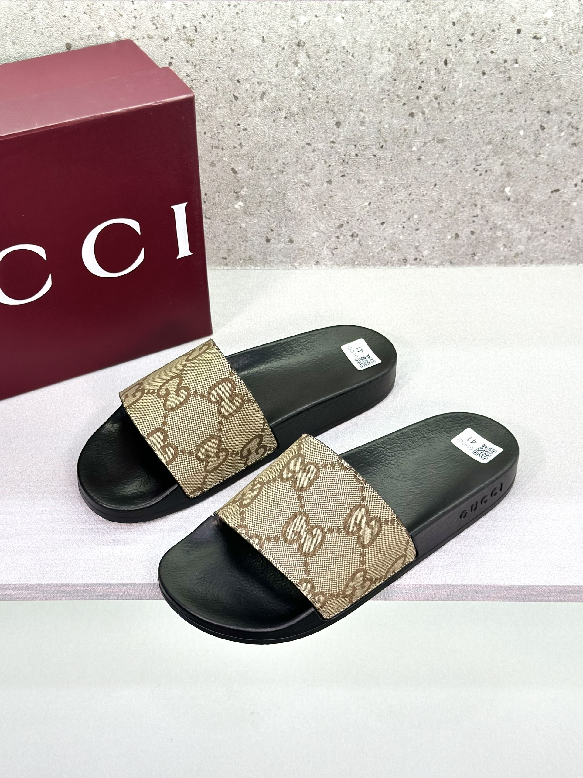 Dép lê quai ngang Gucci GC Đen quai Nâu logo GG vải Like Auth on web fullbox bill thẻ VTN
