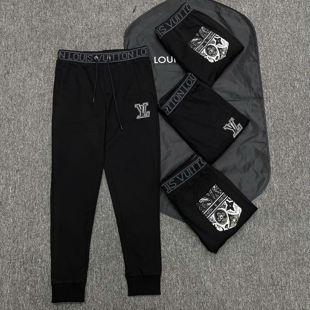 Quần jogger nỉ Louis Vuitton LV Đen logo chữ cạp đùi họa tiết túi sau Like Auth NV