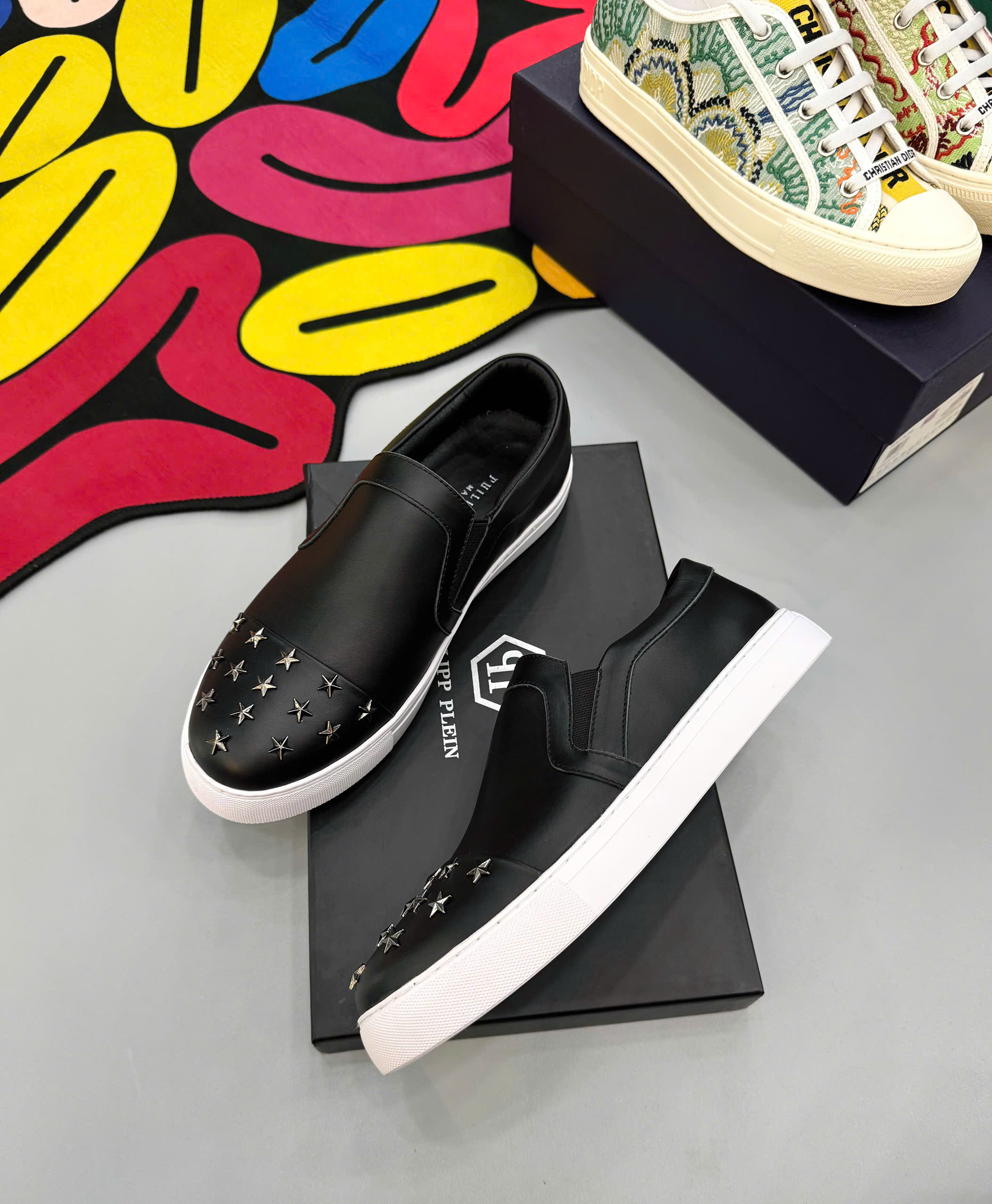 Giày slipon Philipp Plein PP Đen đính Ngôi sao mũi Like Auth fullbox MK