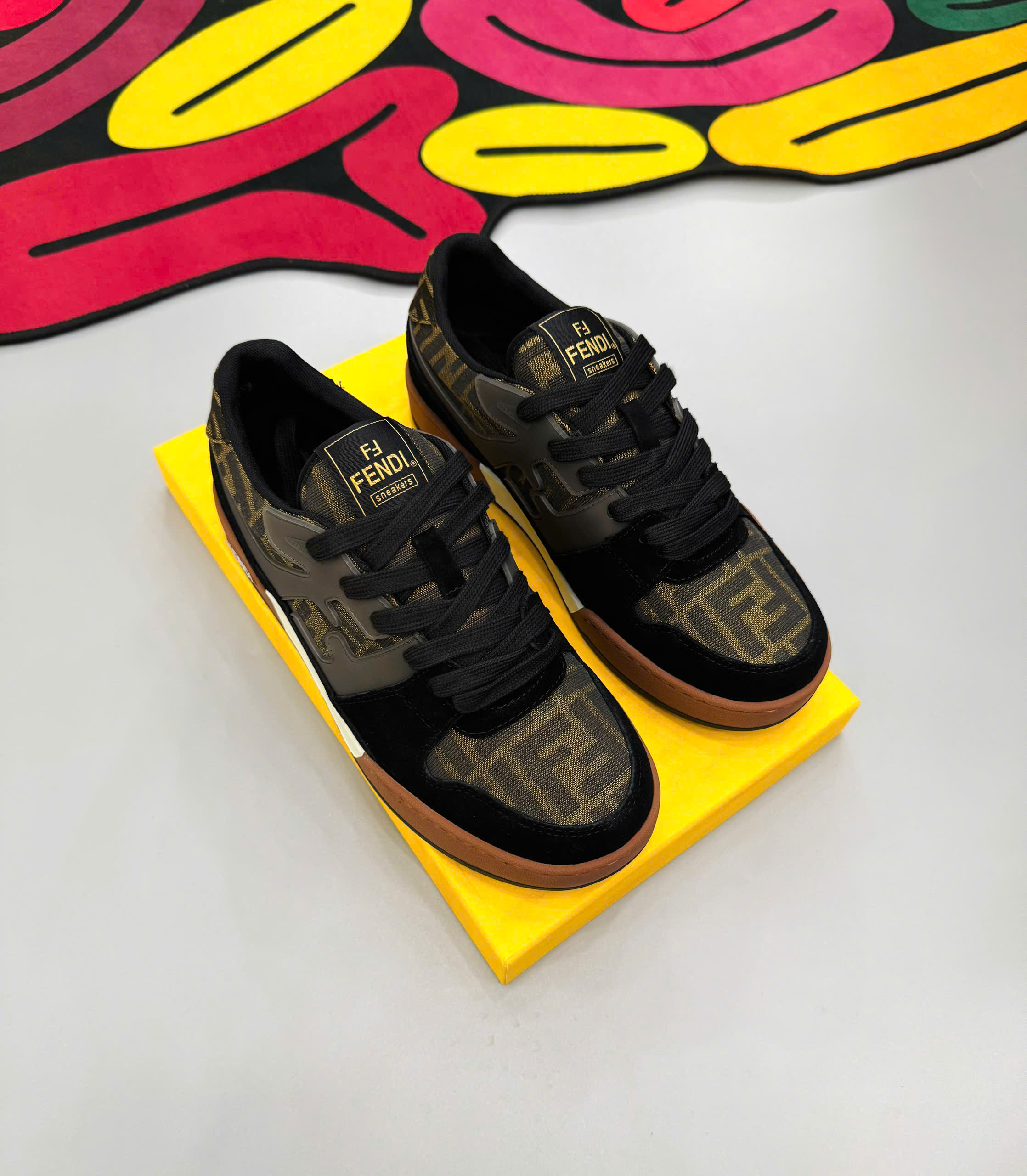 Giày sneaker Fendi FF Đen phối Nâu họa tiết logo chữ full Liike Auth fullbox MK