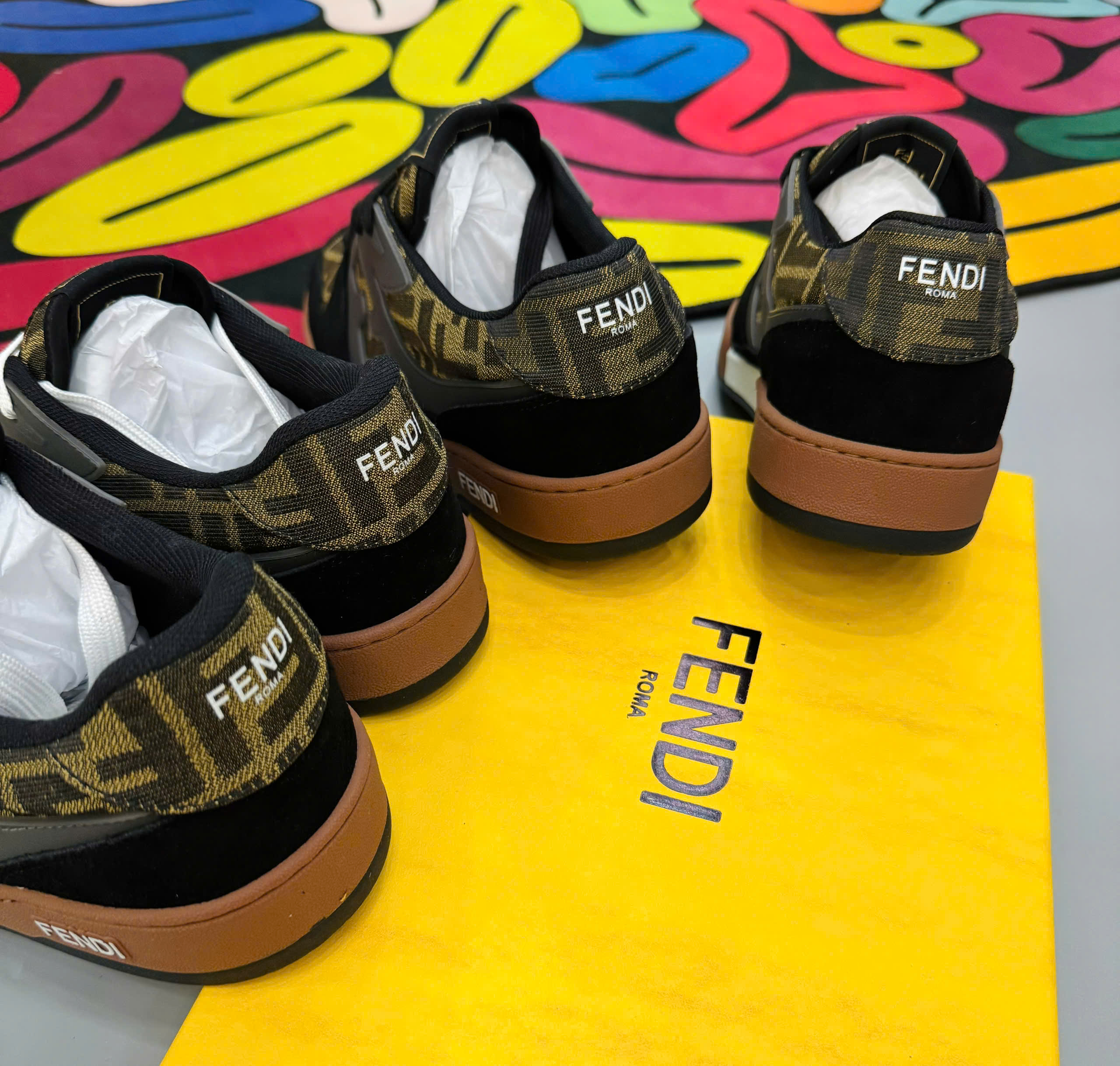 Giày sneaker Fendi FF Đen phối Nâu họa tiết logo chữ full Liike Auth fullbox MK