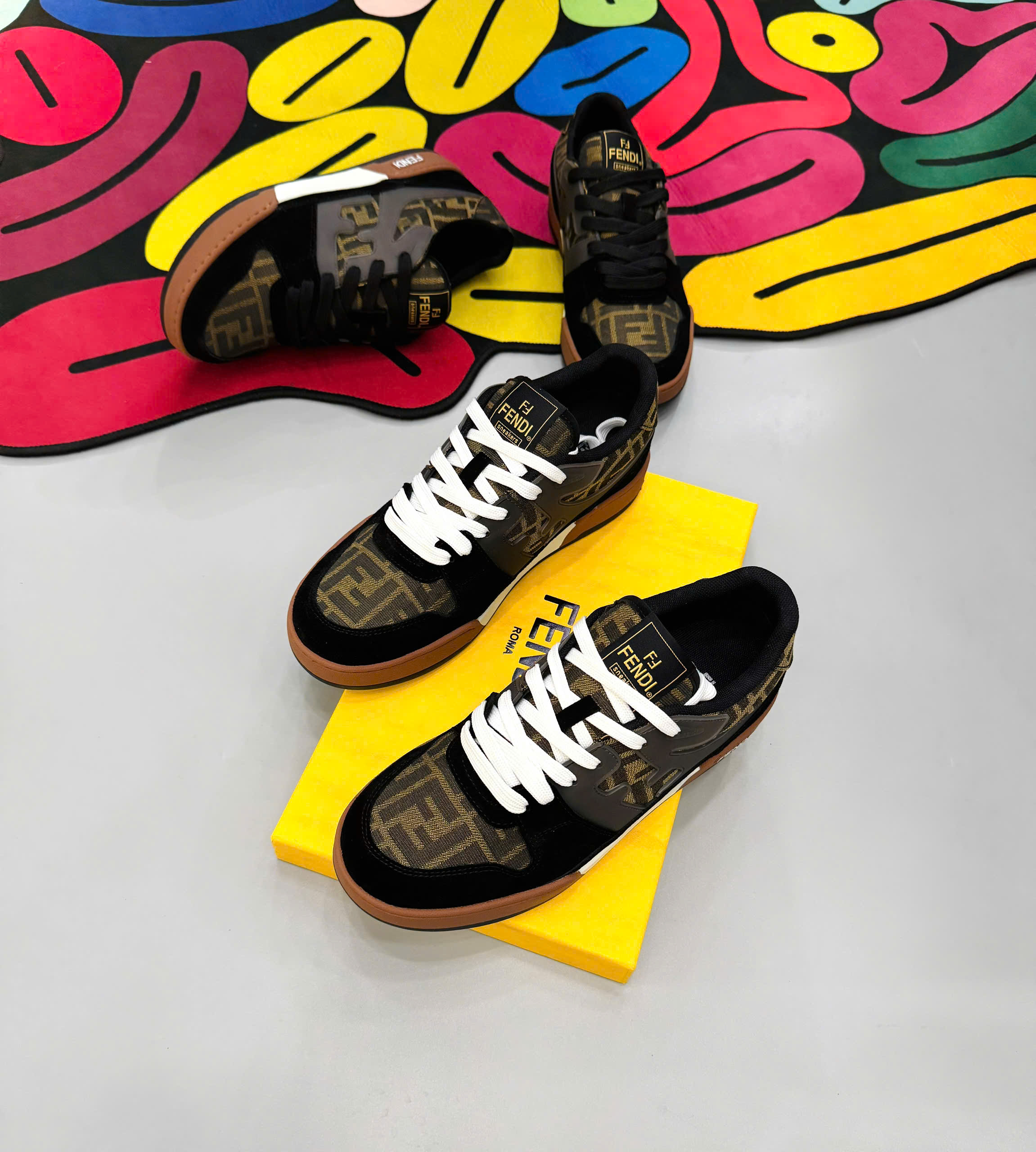 Giày sneaker Fendi FF Đen phối Nâu họa tiết logo chữ full Liike Auth fullbox MK