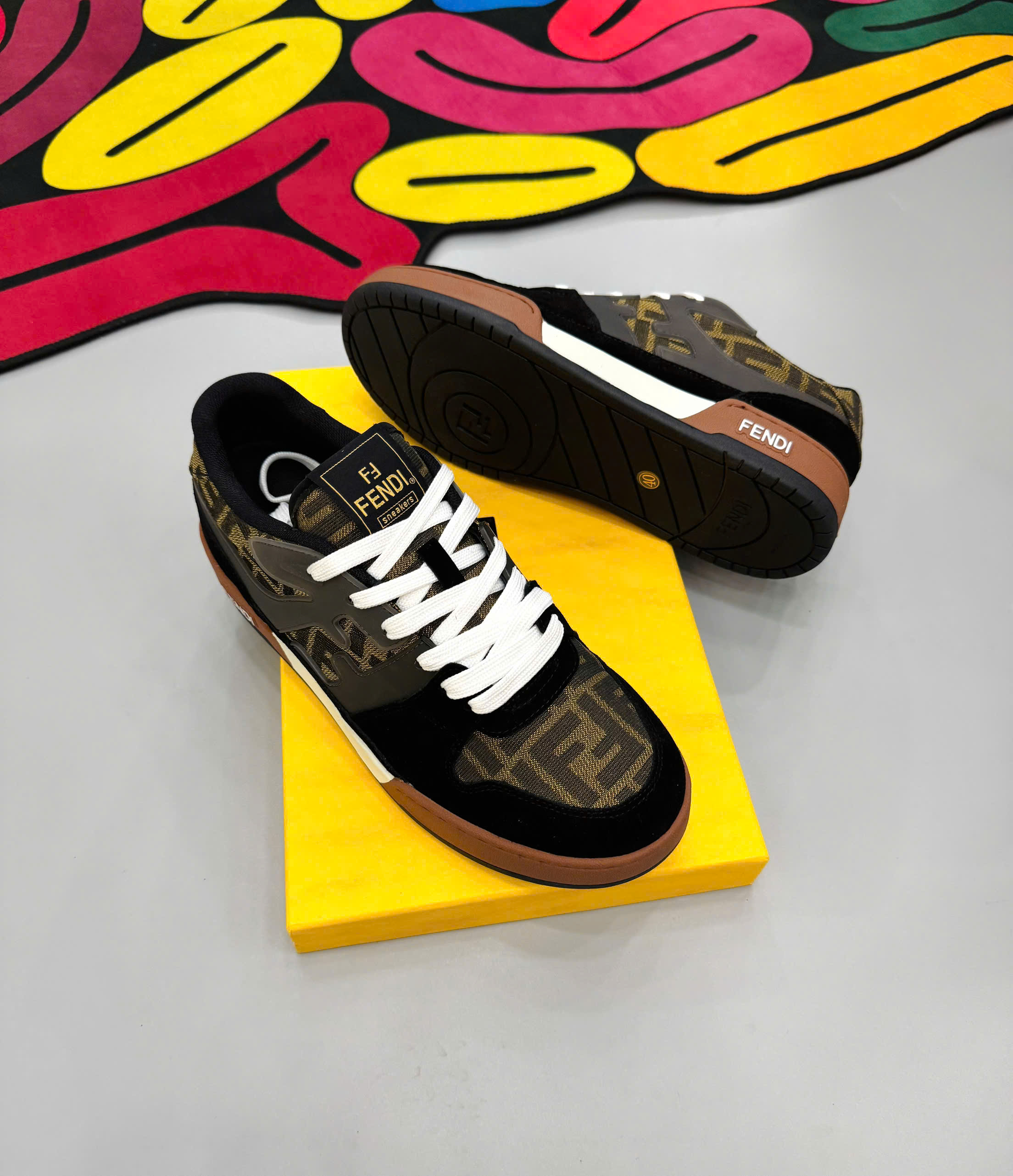 Giày sneaker Fendi FF Đen phối Nâu họa tiết logo chữ full Liike Auth fullbox MK