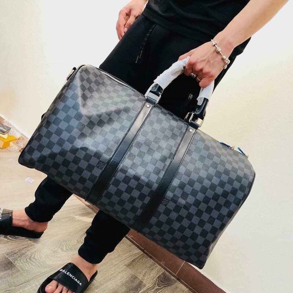 Túi trống du lịch Louis Vuitton LV Đen họa tiết caro full khóa ổ size 50cm Like Auth Fullbox phụ kiện PLD