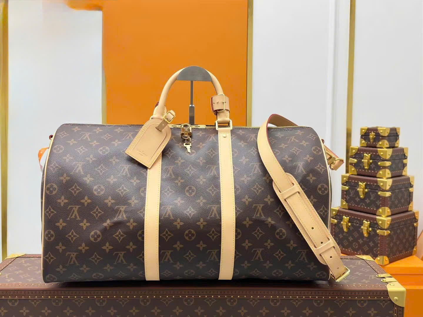 Túi trống du lịch Louis Vuitton LV Nâu họa tiết hoa vân full khóa ổ phối dây Be size 50cm Like Auth Fullbox phụ kiện PLD