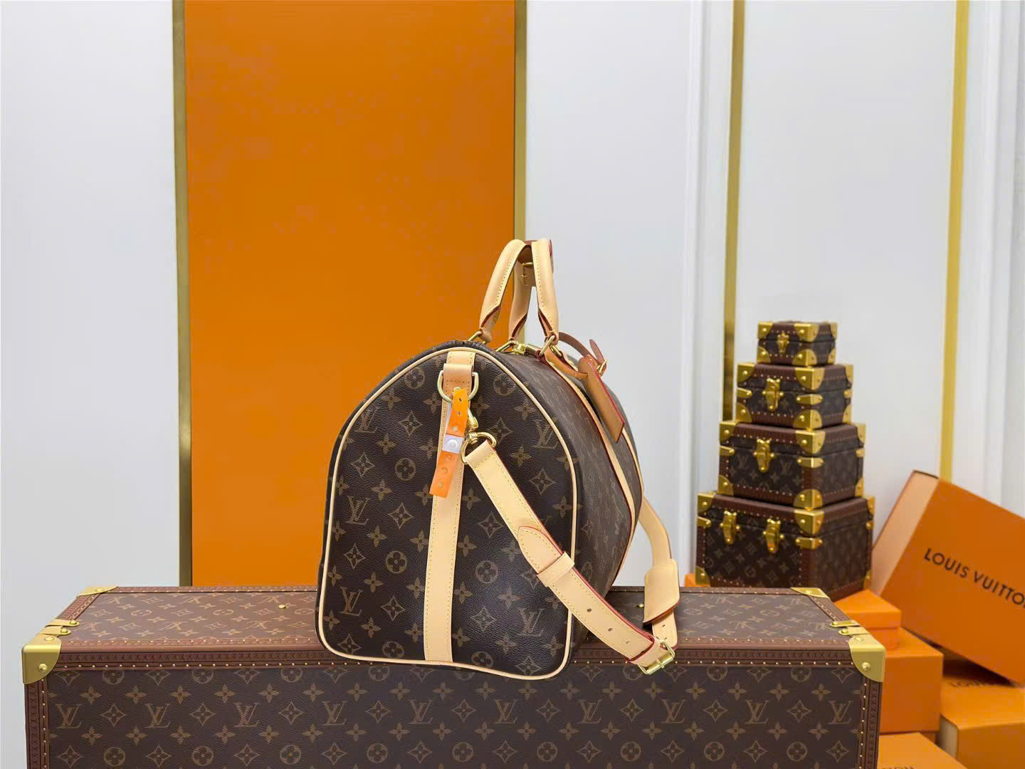 Túi trống du lịch Louis Vuitton LV Nâu họa tiết hoa vân full khóa ổ phối dây Be size 50cm Like Auth Fullbox phụ kiện PLD