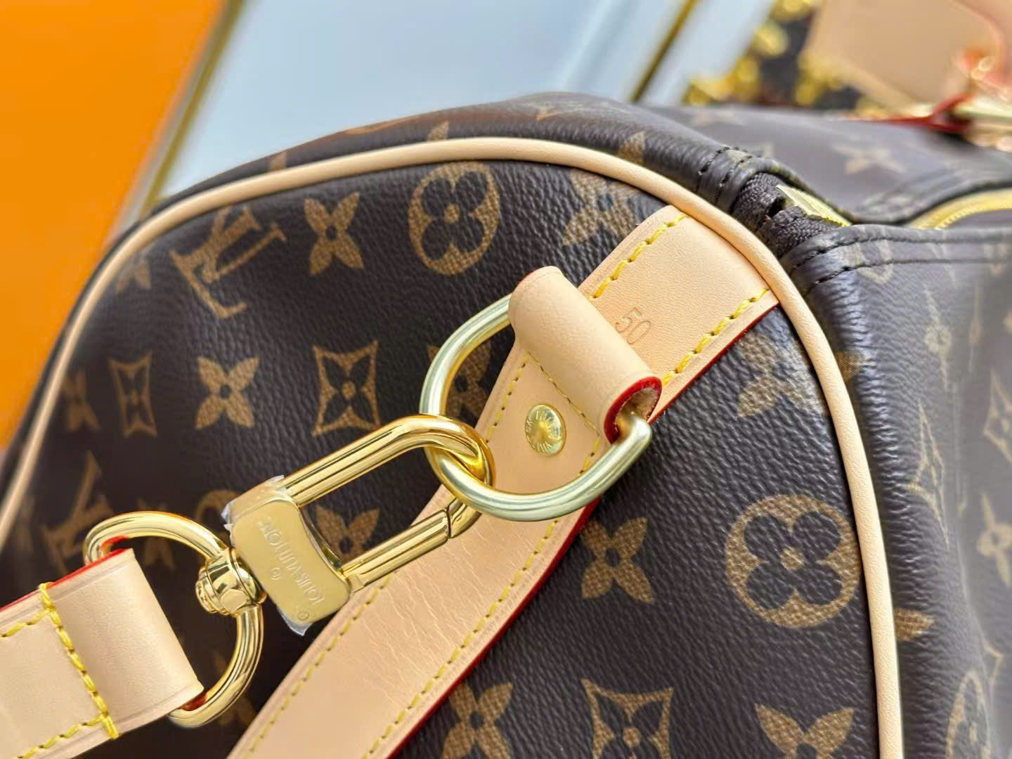 Túi trống du lịch Louis Vuitton LV Nâu họa tiết hoa vân full khóa ổ phối dây Be size 50cm Like Auth Fullbox phụ kiện PLD