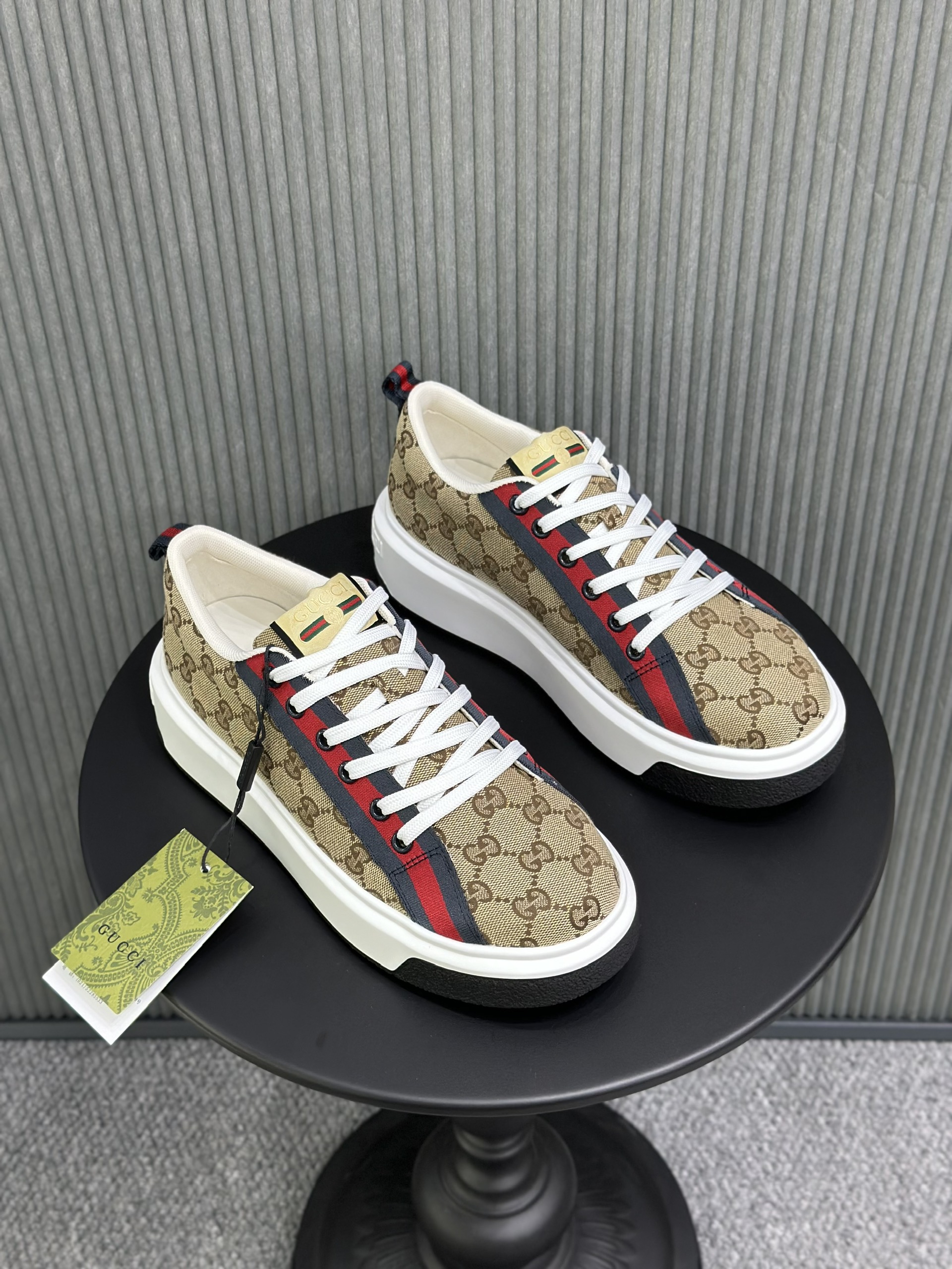 Giày sneaker Gucci GC vải Nâu kẻ Xanh Đỏ monogram Like Auth 38-43 VTN