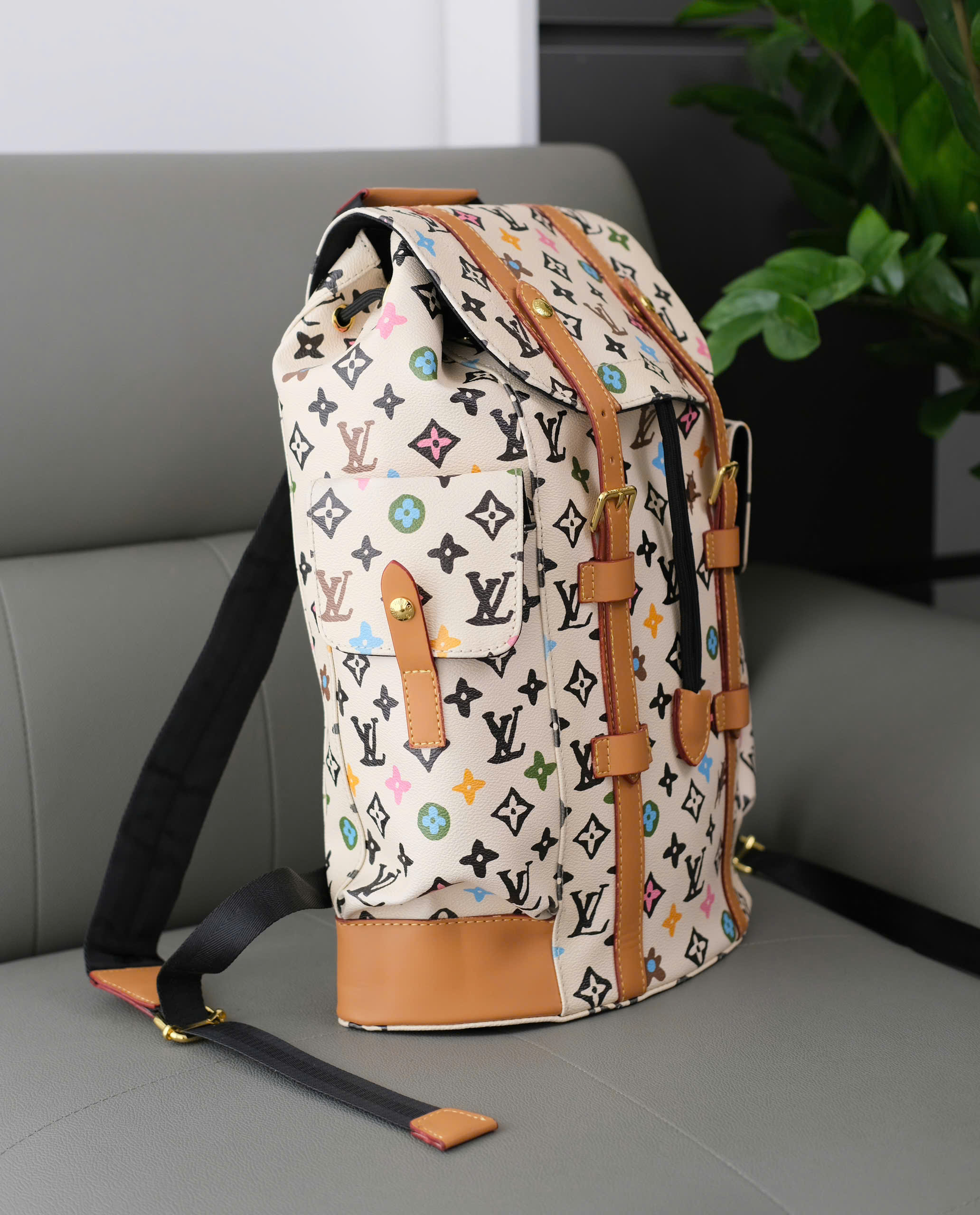 Balo hộp Louis Vuitton LV Trắng monogram full tag da Nâu kẻ dọc Like Auth 39x31x11 DDT