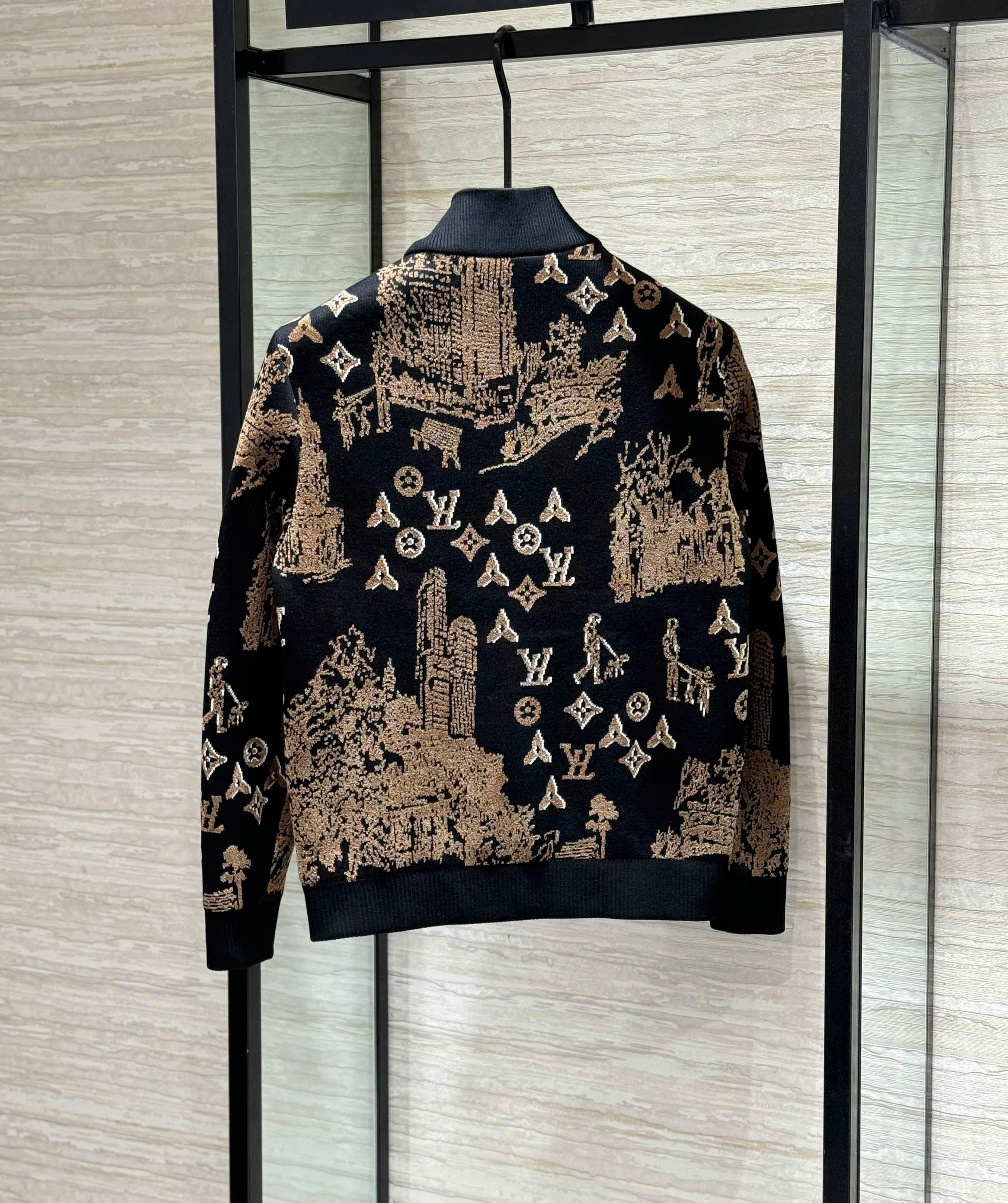 Áo khoác bomber len Louis Vuitton Đen họa tiết Nâu Like Auth 48-54 DDT MK