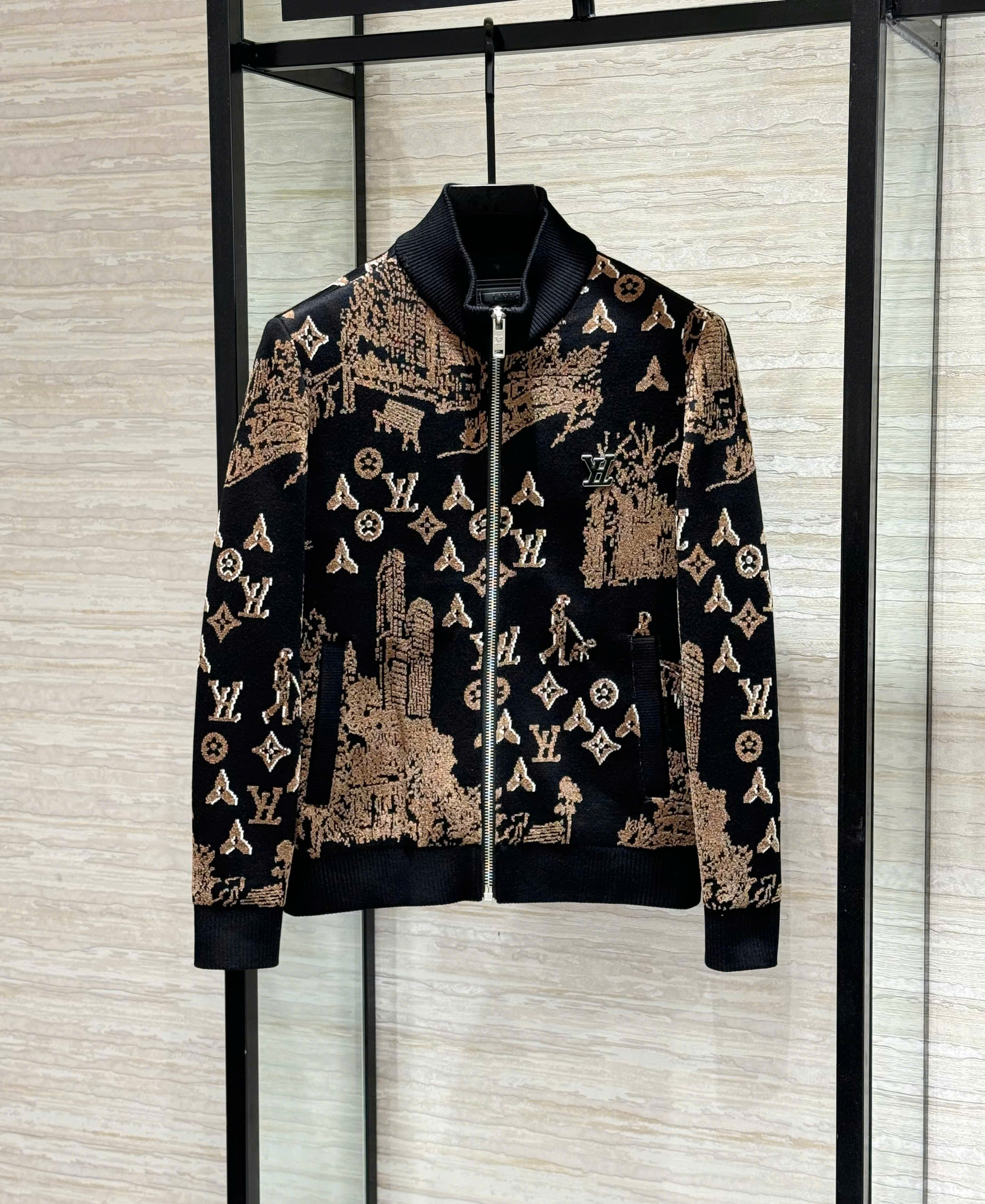 Áo khoác bomber len Louis Vuitton Đen họa tiết Nâu Like Auth 48-54 DDT MK