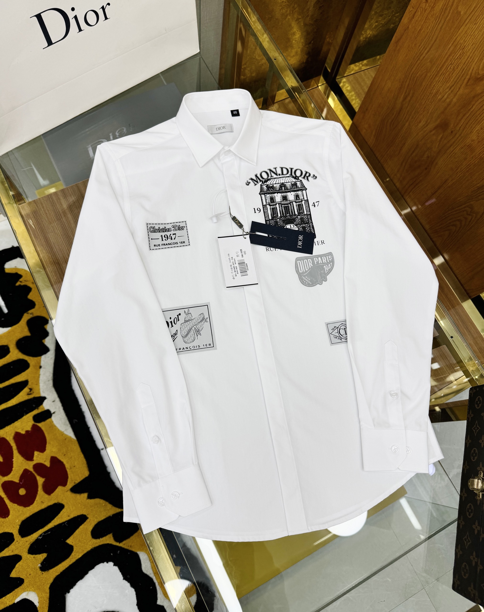 Áo sơ mi dài tay Dior CD Trắng họa tiết tòa nhà tag logo Like Auth on web CD