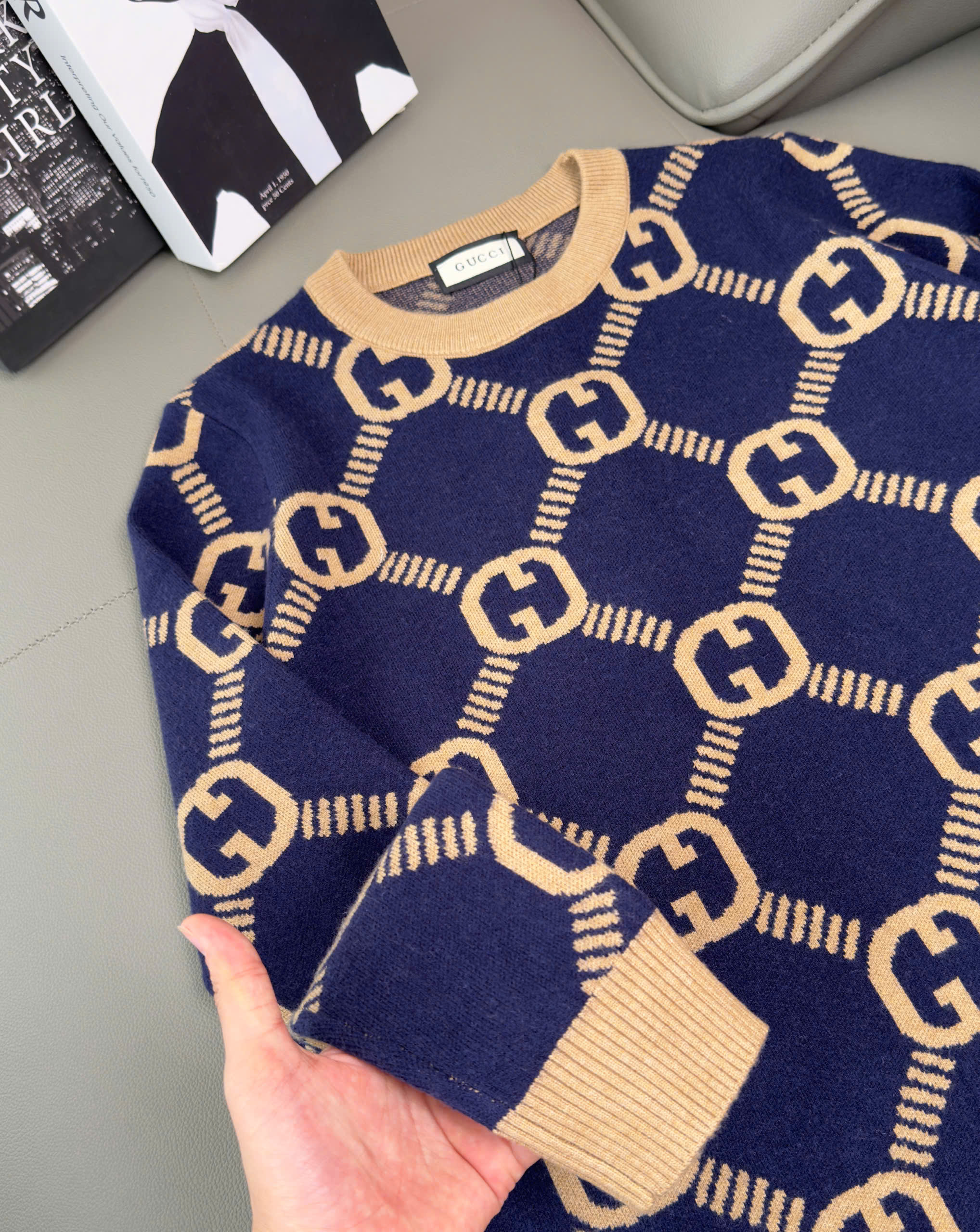 Áo sweater len Gucci GC Xanh Than họa tiết monogram Like AUth M-XXL DDT