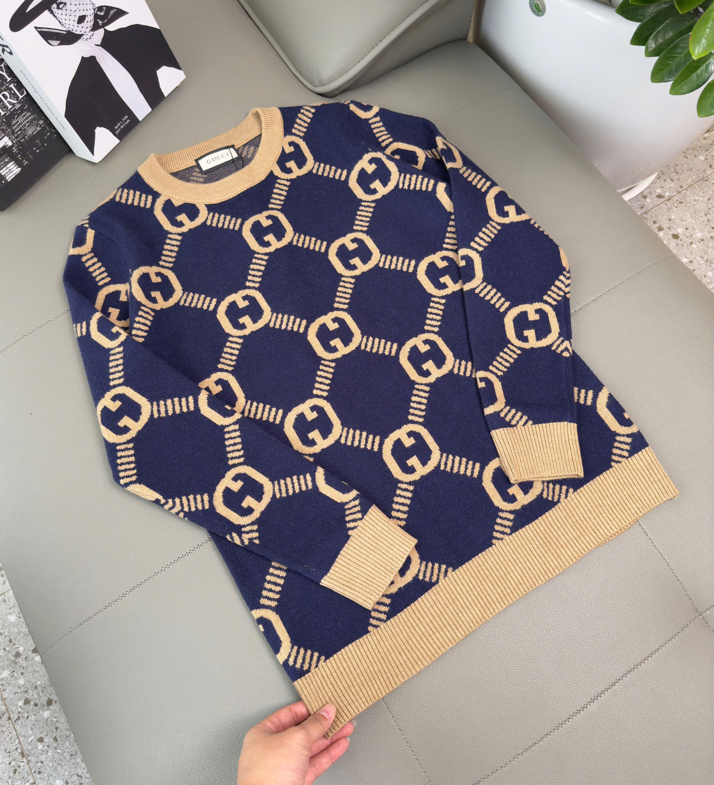 Áo sweater len Gucci GC Xanh Than họa tiết monogram Like AUth M-XXL DDT