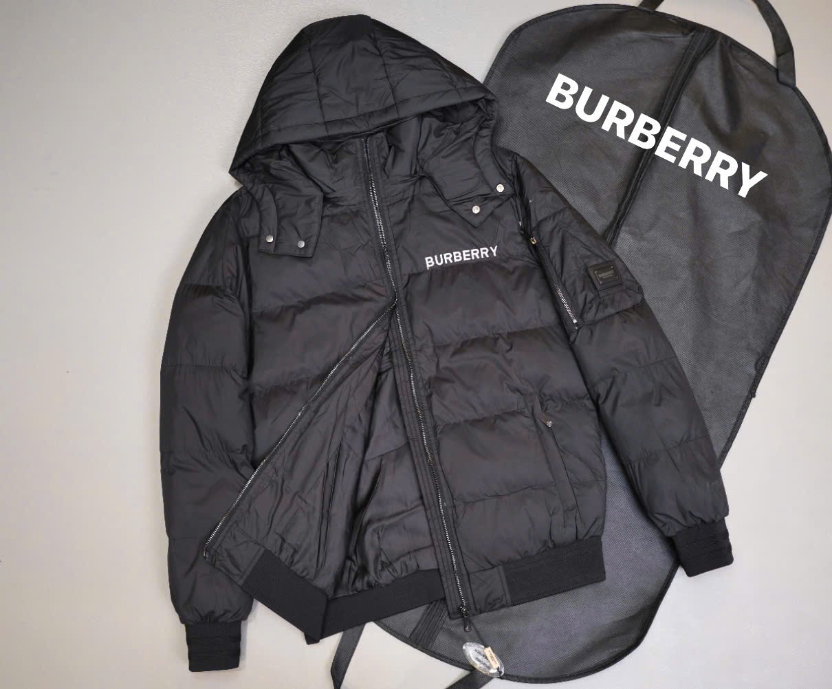 Áo khoác phao Burberry BBR Đen mũ chùm logo thêu ngực tag vuông tay Like Auth M-XXL DDT