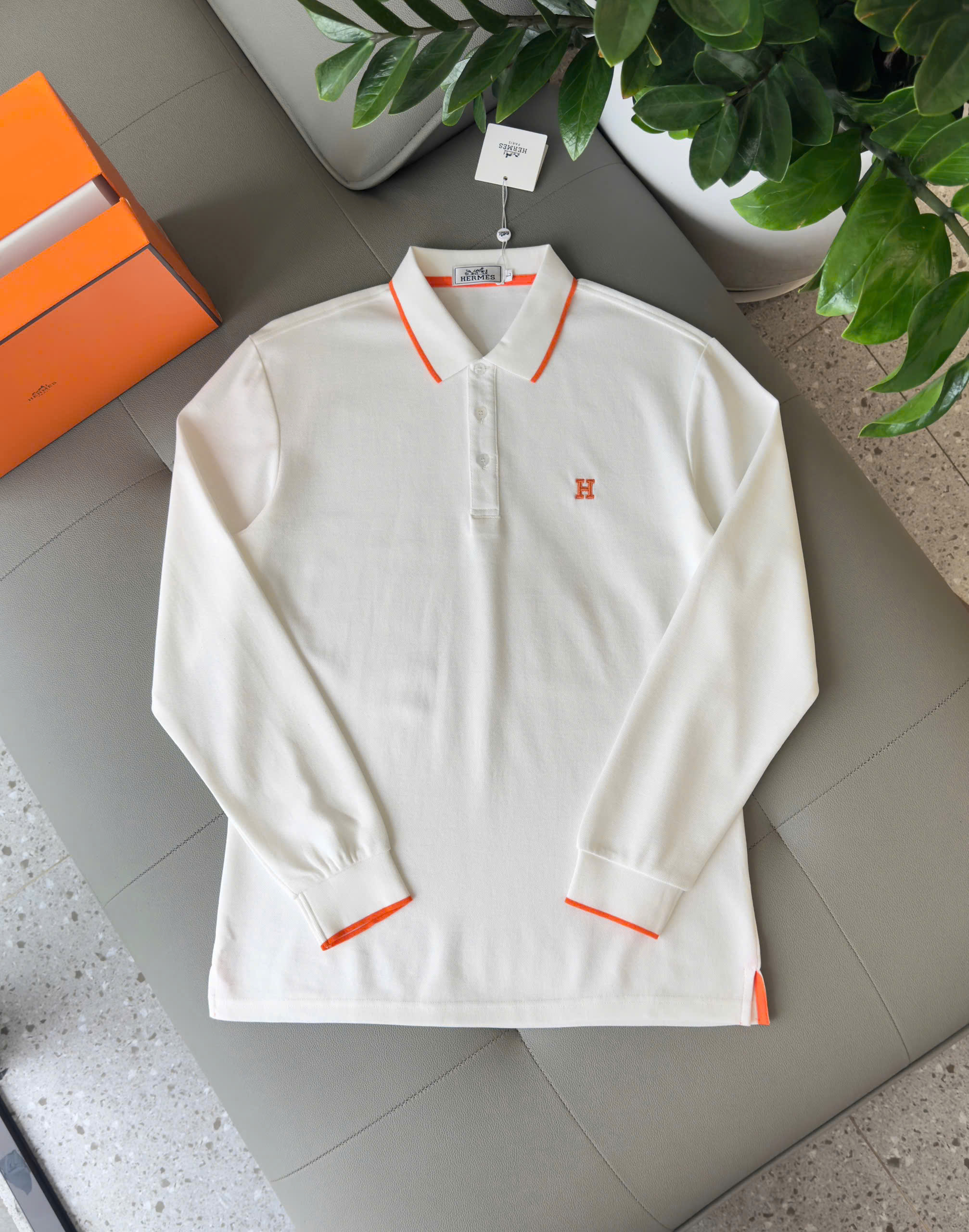 Áo polo dài tay Hermes Hm check kẻ viền Cam logo thêu chữ H Like Auth M-XXL DDT
