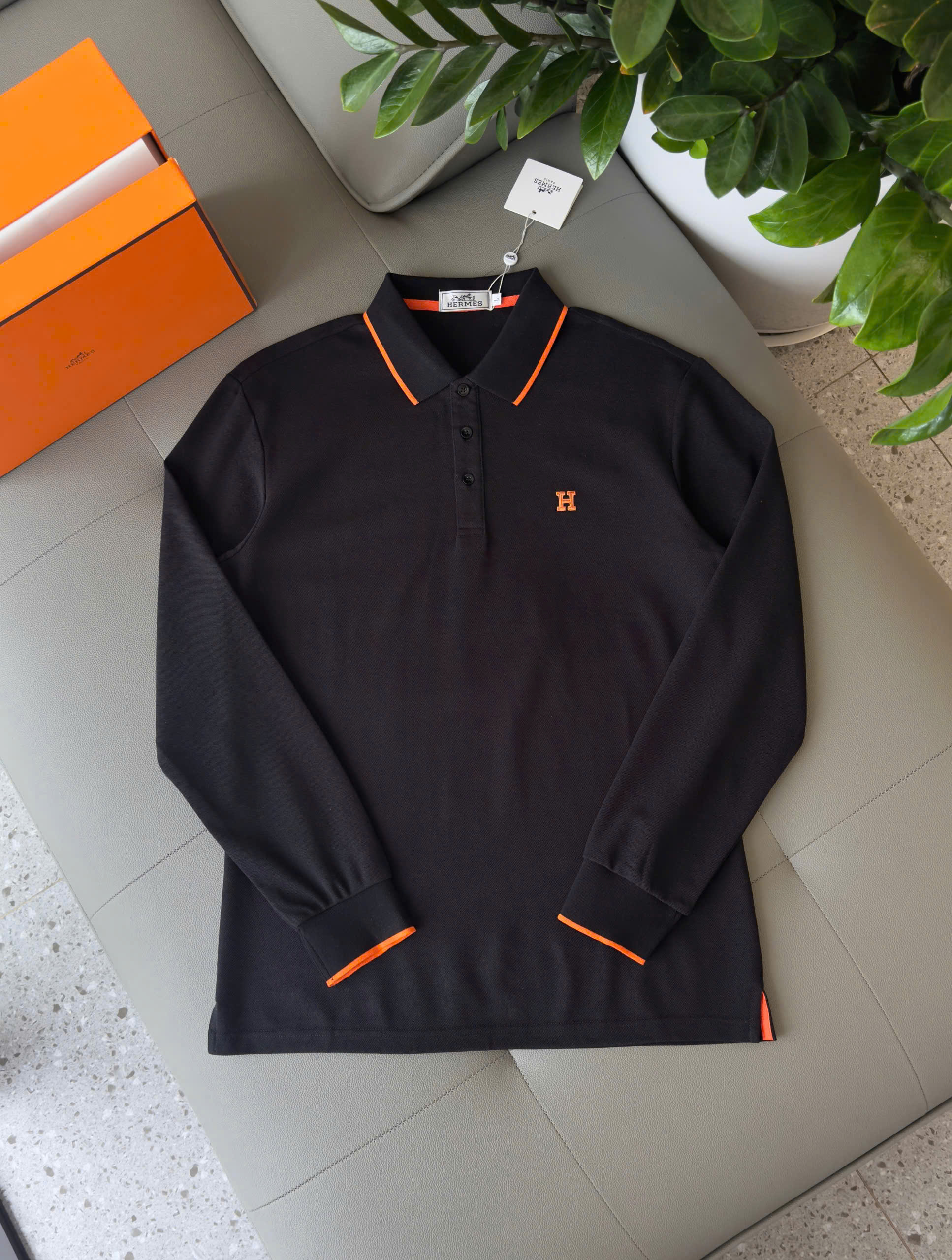 Áo polo dài tay Hermes Hm check kẻ viền Cam logo thêu chữ H Like Auth M-XXL DDT