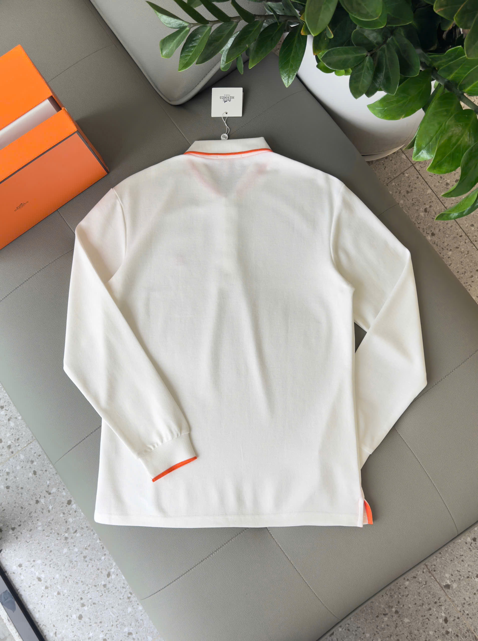 Áo polo dài tay Hermes Hm check kẻ viền Cam logo thêu chữ H Like Auth M-XXL DDT