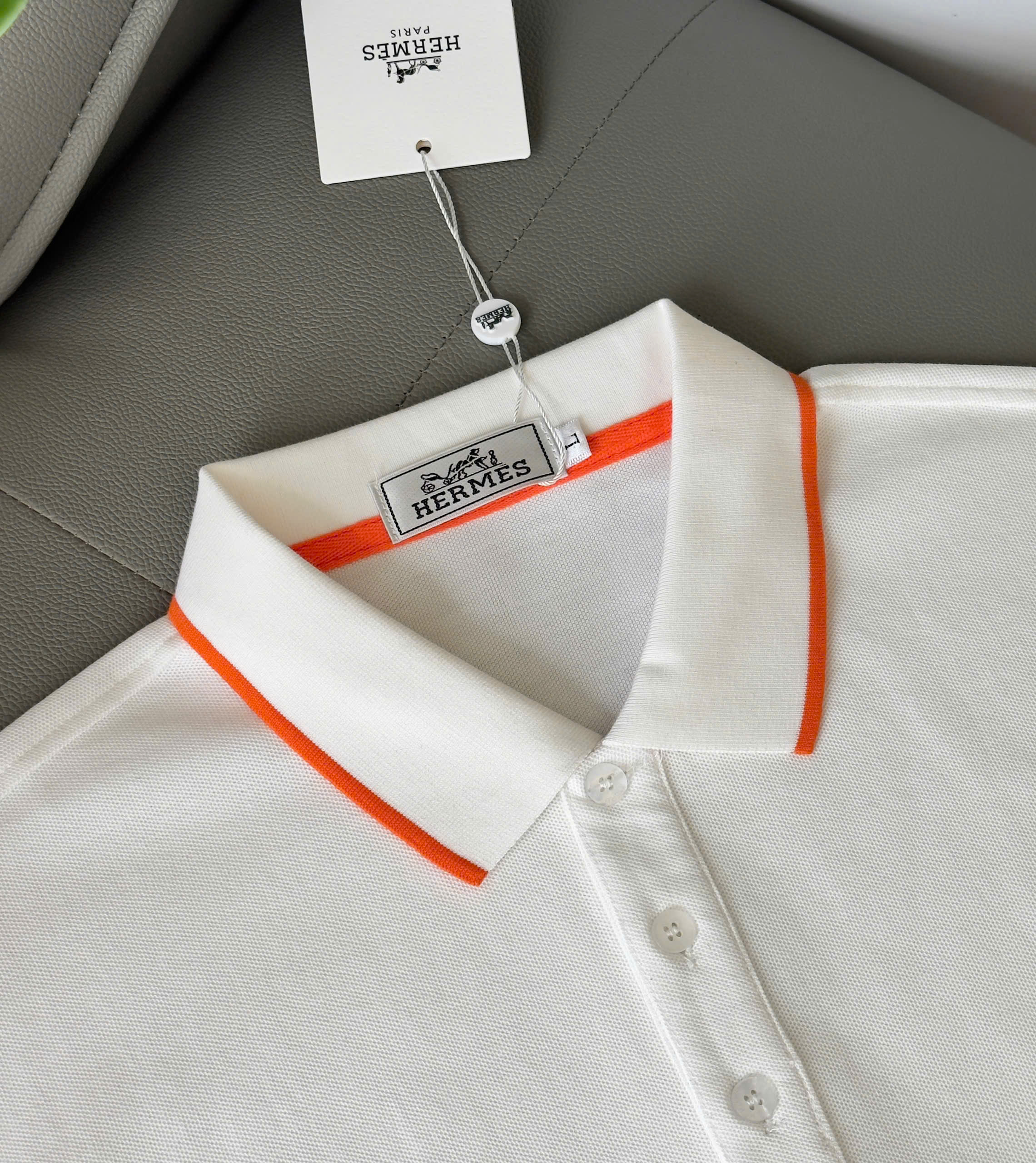 Áo polo dài tay Hermes Hm check kẻ viền Cam logo thêu chữ H Like Auth M-XXL DDT