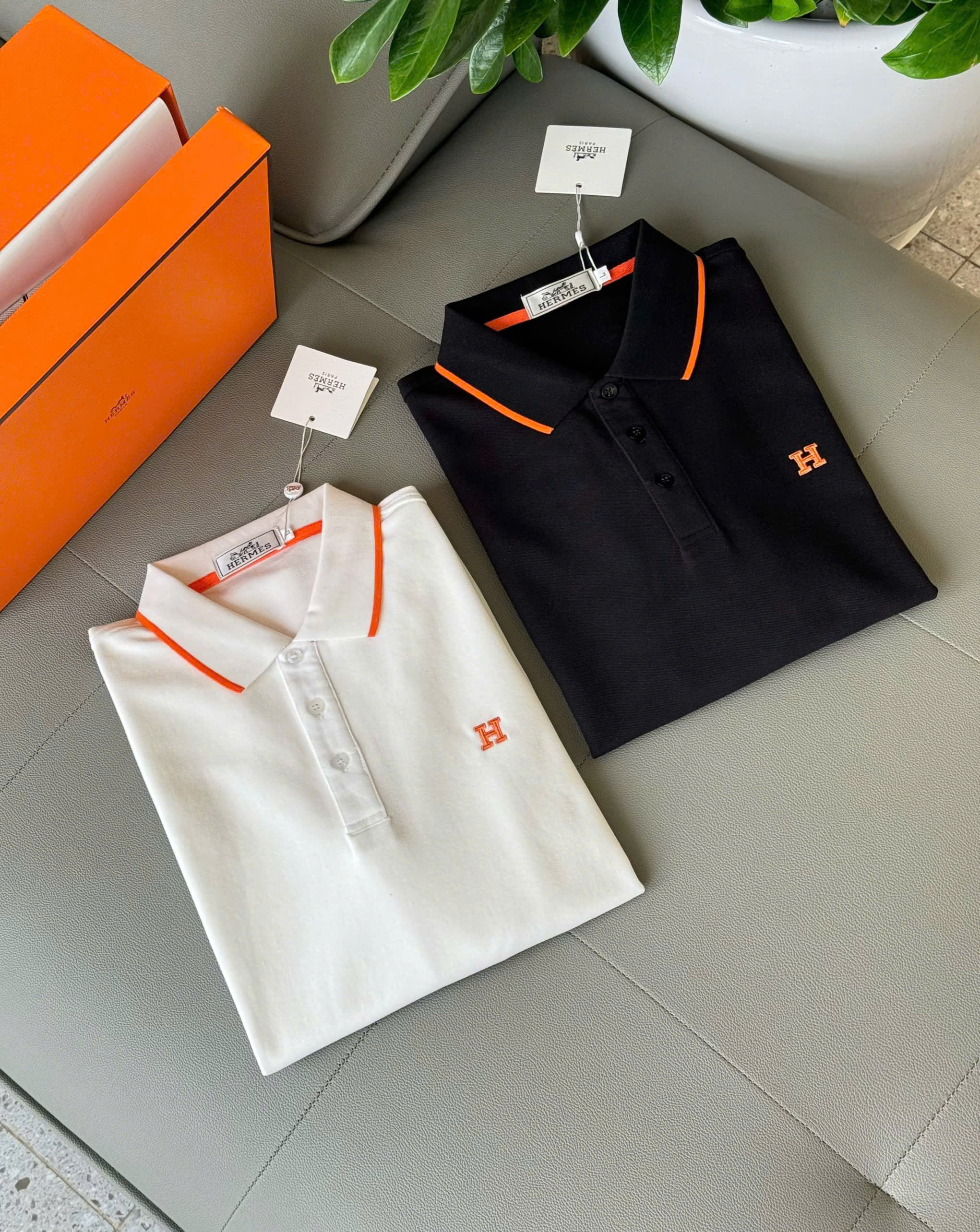 Áo polo dài tay Hermes Hm check kẻ viền Cam logo thêu chữ H Like Auth M-XXL DDT