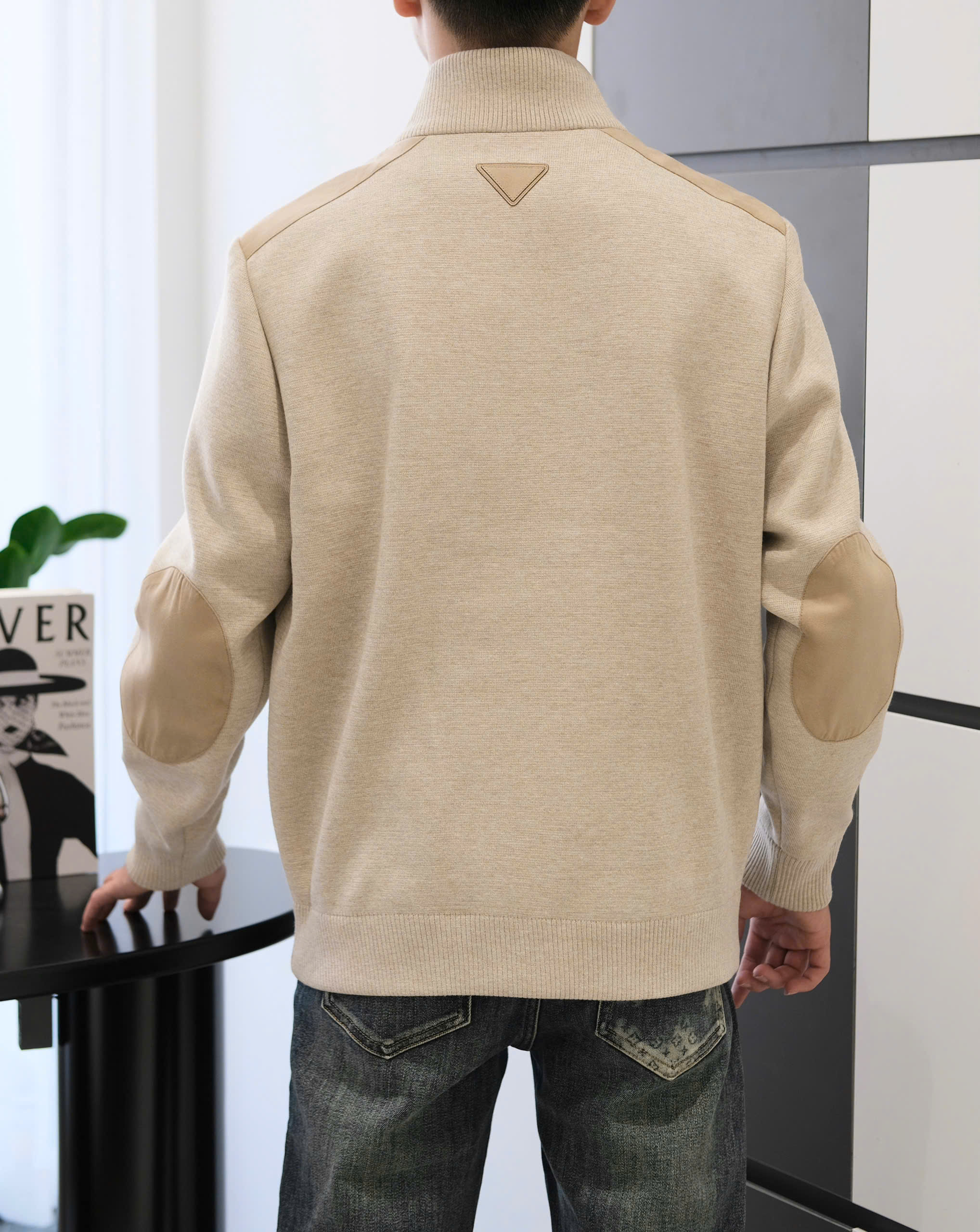 Áo khoác len Prada Be phối da lộn logo thêu Like Auth 48-54 DDT