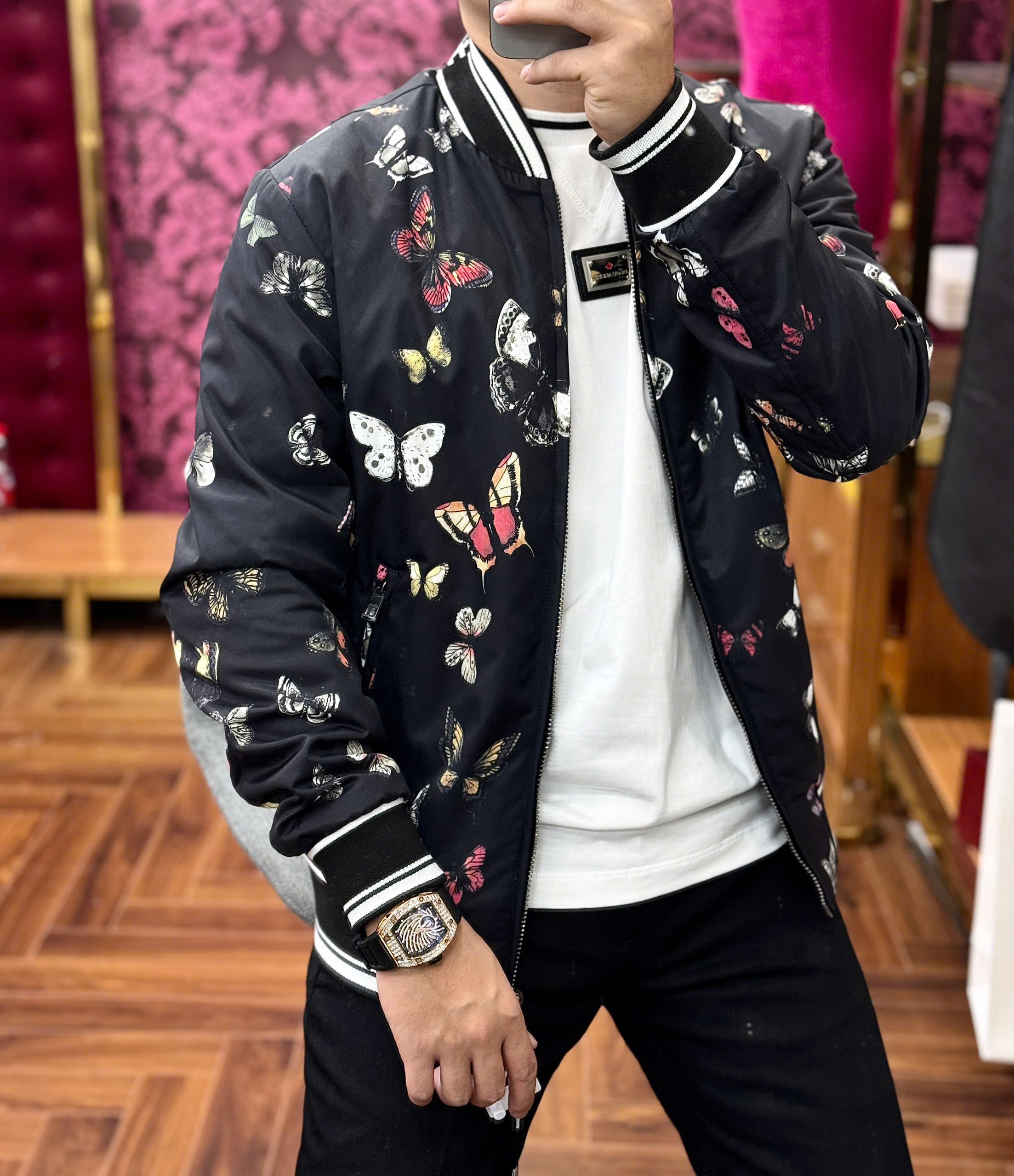 Áo khoác Bomber Dolce Gabbana DG Đen họa tiết Bướm full Like AUth 44-50 MK