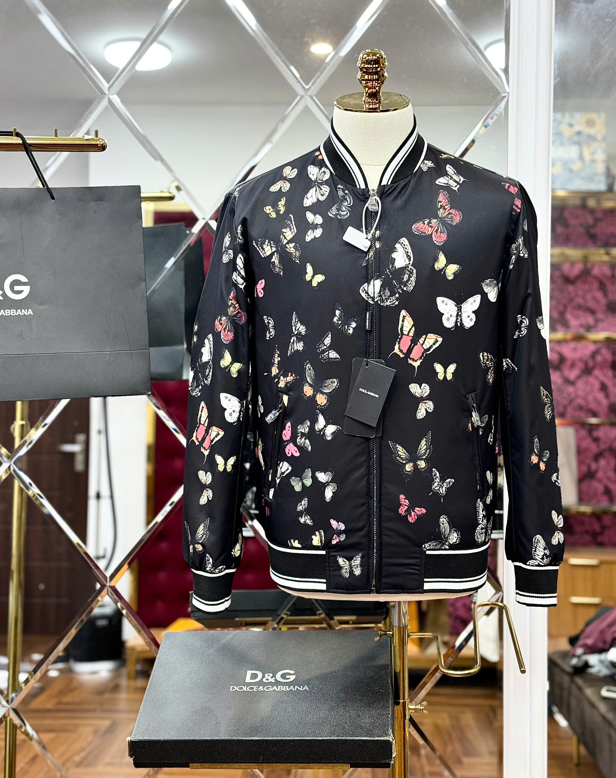 Áo khoác Bomber Dolce Gabbana DG Đen họa tiết Bướm full Like AUth 44-50 MK