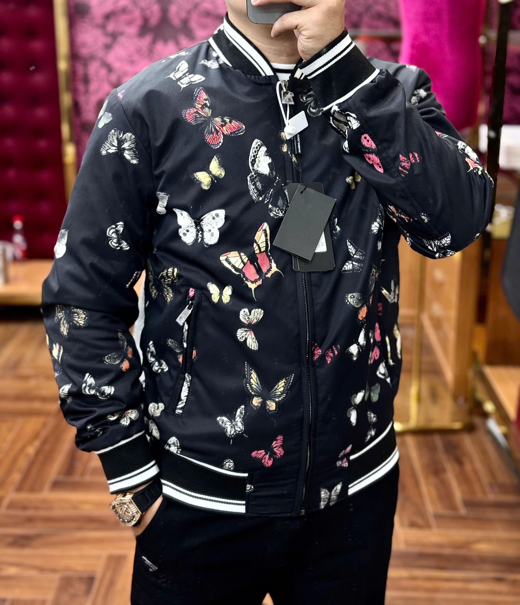 Áo khoác Bomber Dolce Gabbana DG Đen họa tiết Bướm full Like AUth 44-50 MK