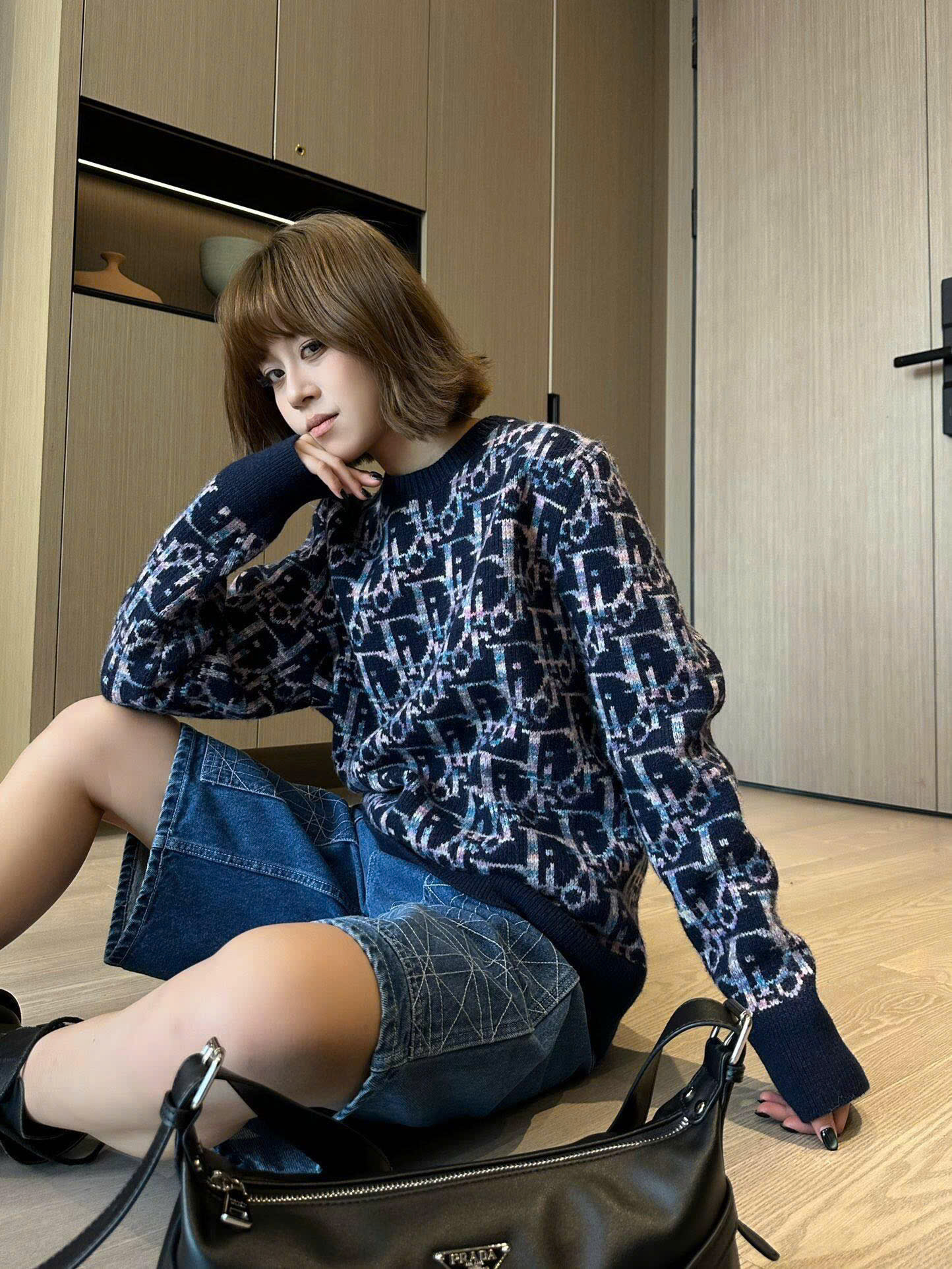 Áo sweater len Dior CD Xanh than họa tiết Obique full Like Auth XS-M VTN