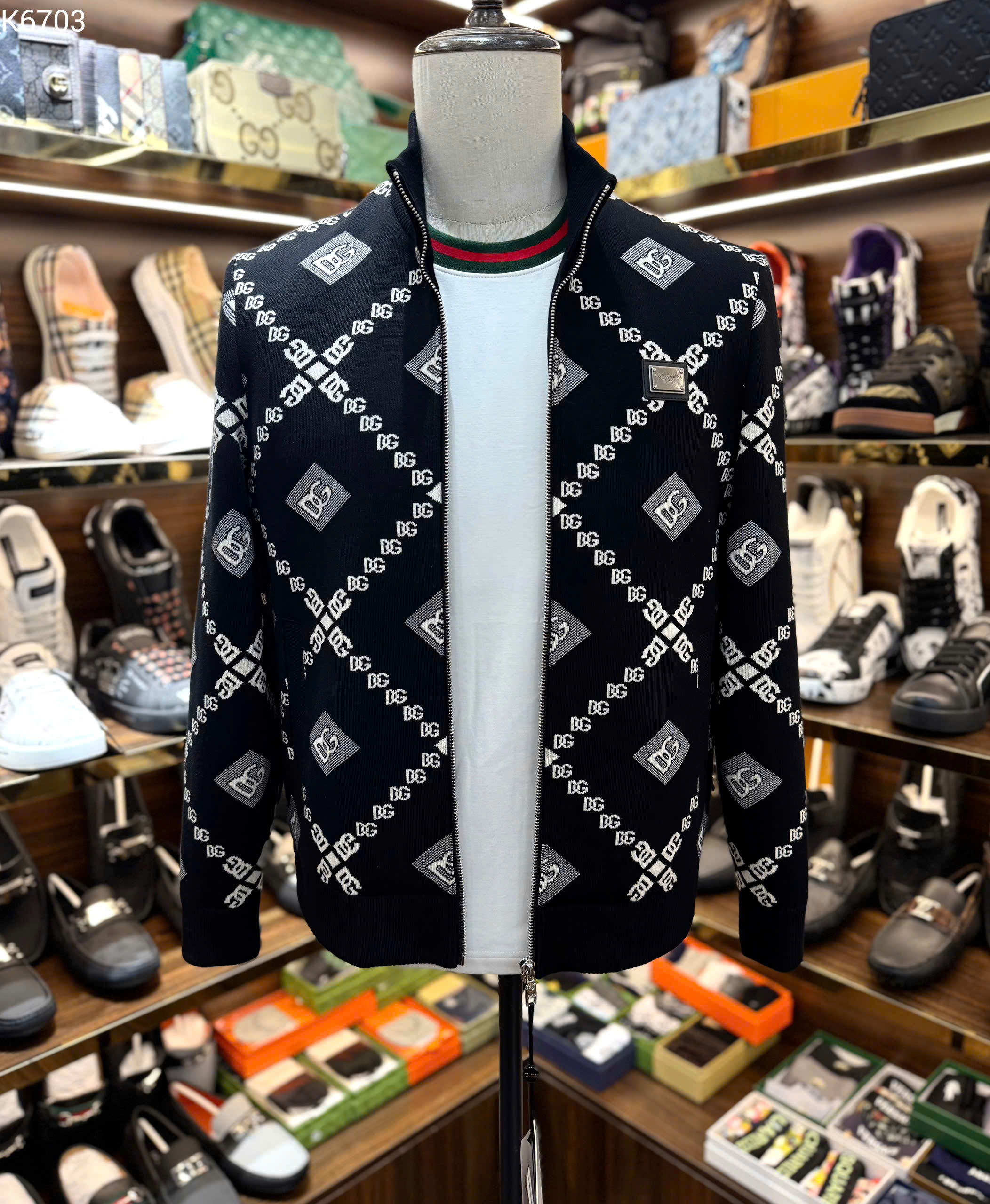 Áo polo len dài tay Dolce Gabbana DG họa tiết ô con thoi Like Auth 48-52 MK