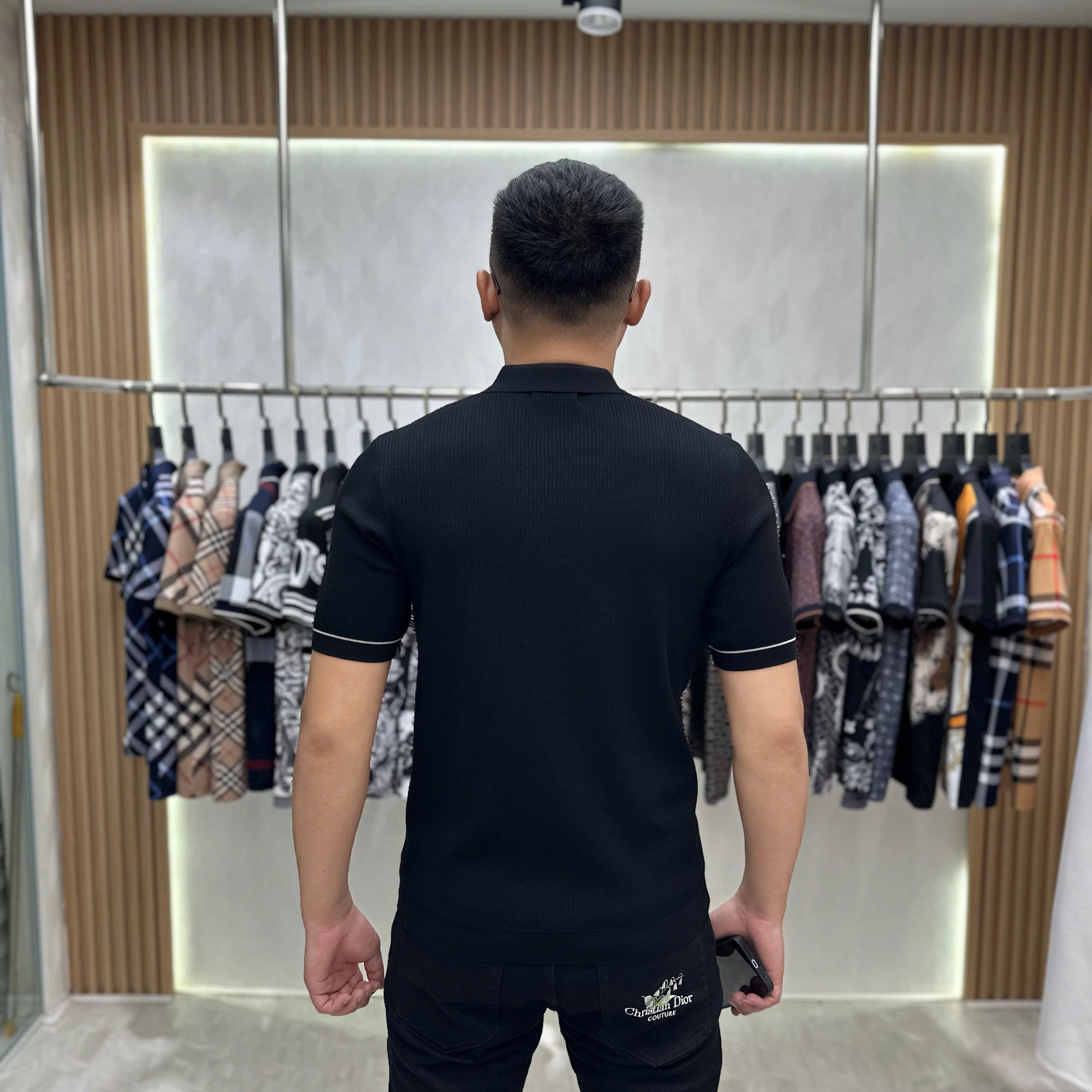 Áo polo len Dolce Gabbana Đen check kẻ Trắng viền ống tay logo DG tag bạc thêu ngực Like Auth 48-52 MK