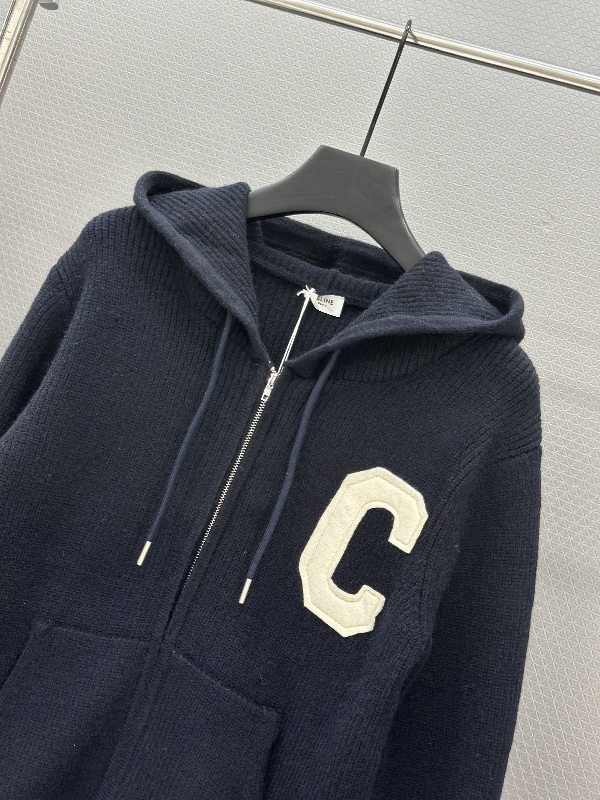 Áo khoác len hoodie Celine Xanh Than logo chữ C to túi bụng Like Auth XS-L VTN