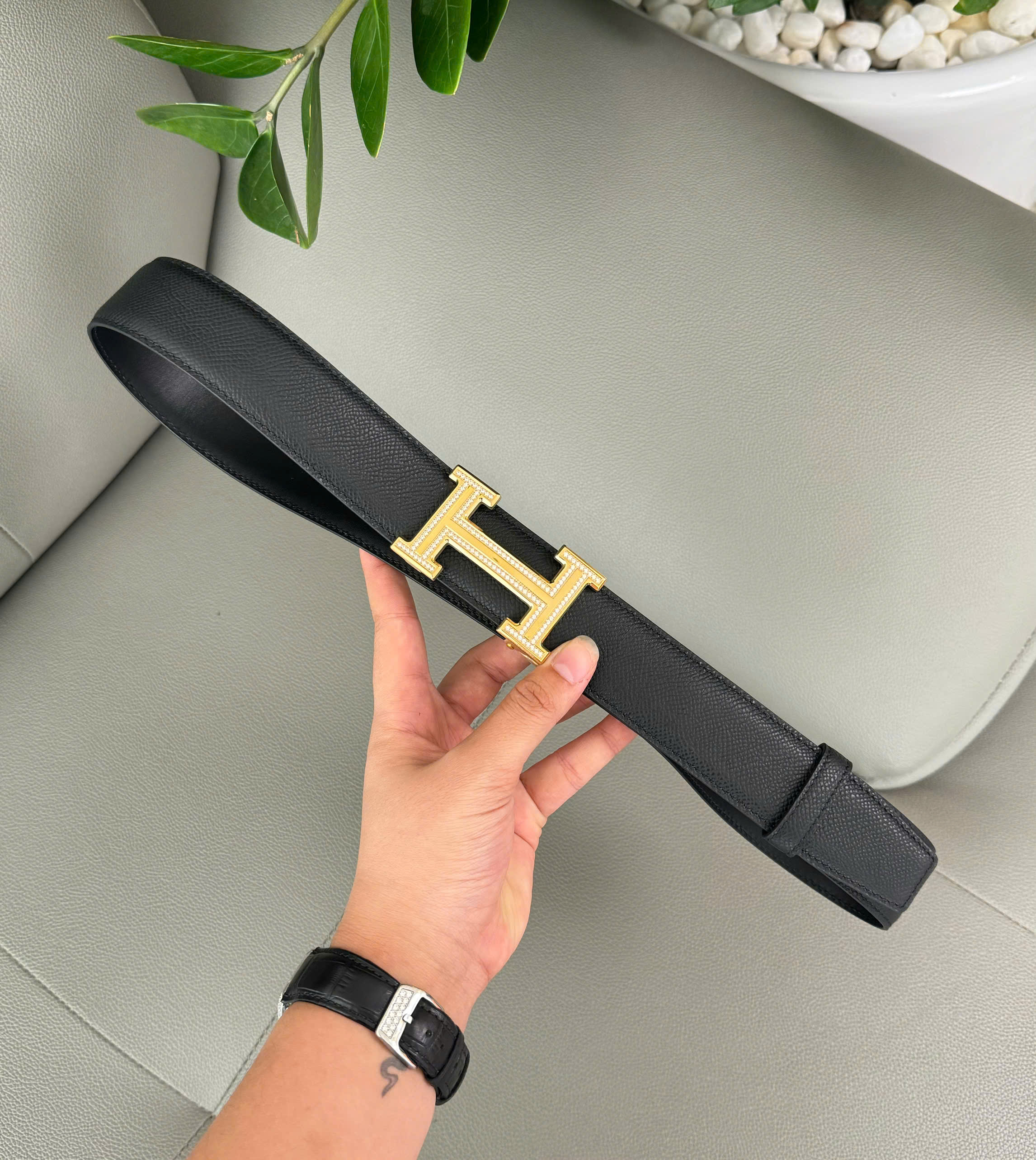 Thắt lưng dây nịt Hermes HM mặt Vàng đính đá Full 1-1 On Web 85-110 DDT