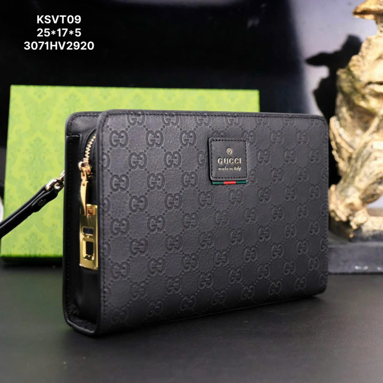 Túi ví Clutch Gucci GC vân monogram dập chìm tag da khóa vân tay Like AUth 25x15x6 DDT
