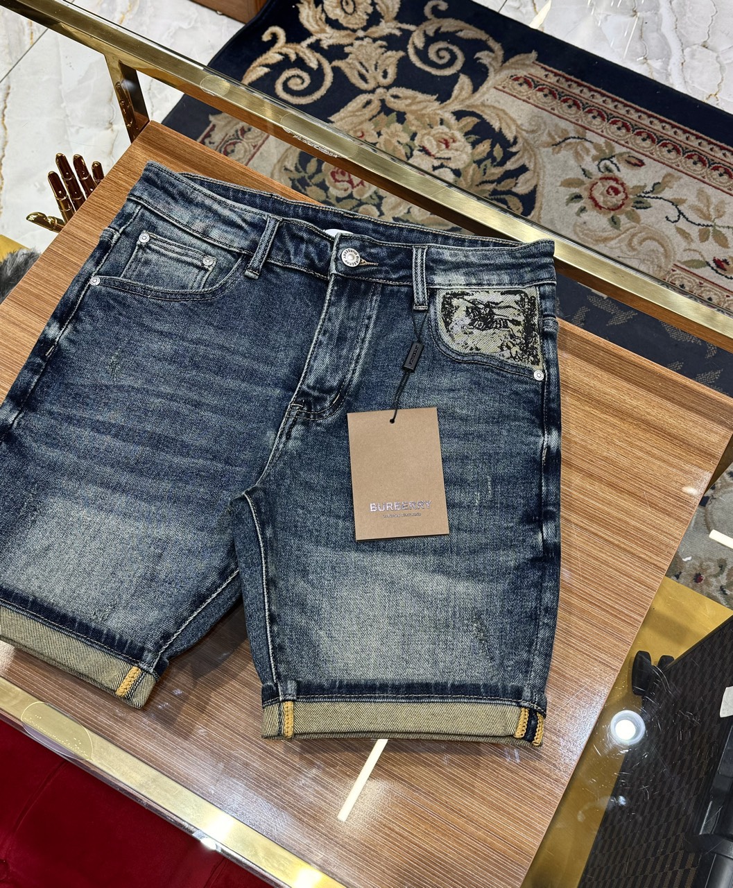 Quần short jean Burberry BBR Xanh họa tiết logo cưỡi ngựa túi Like Auth 1-1 on web CD