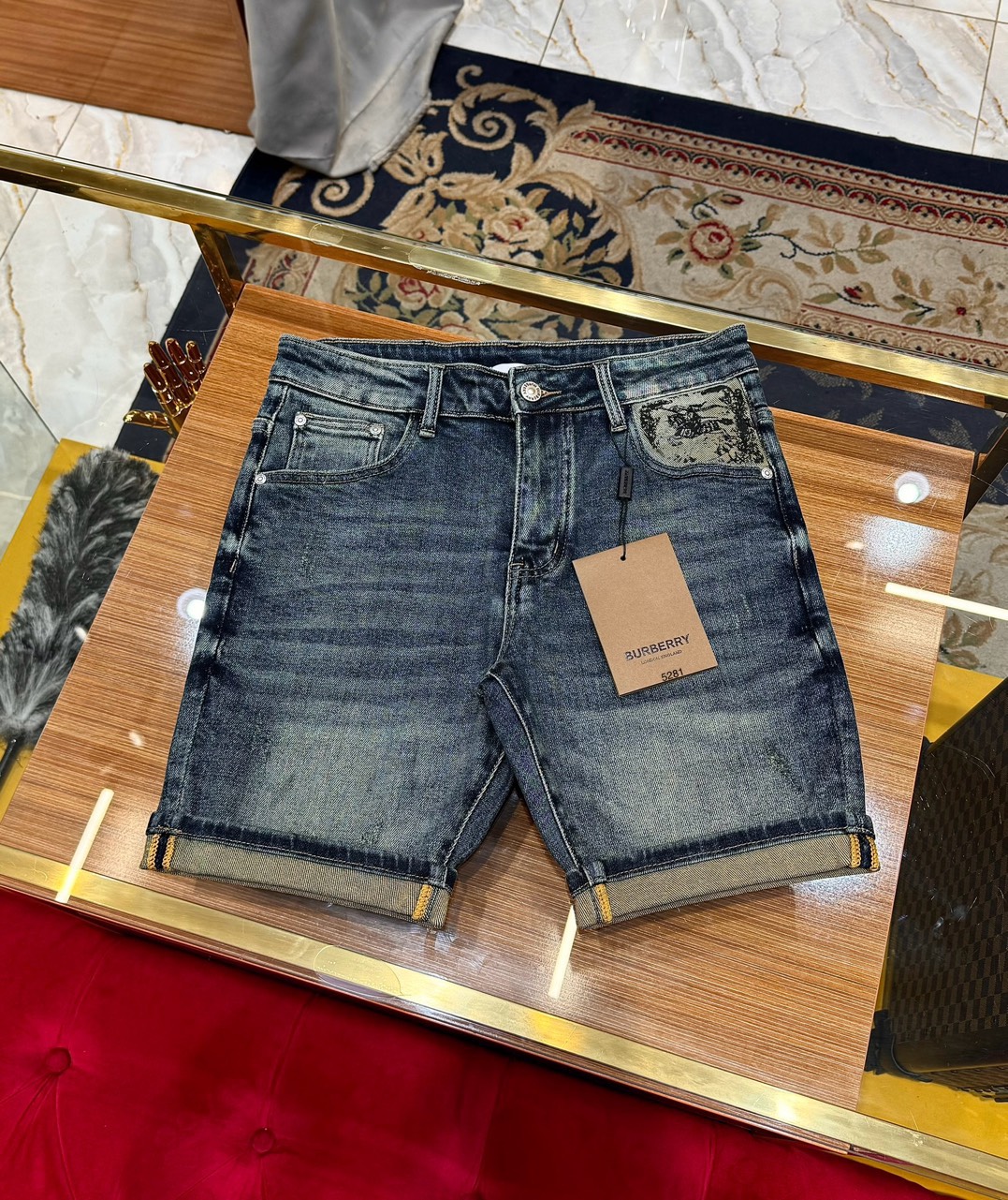 Quần short jean Burberry BBR Xanh họa tiết logo cưỡi ngựa túi Like Auth 1-1 on web CD
