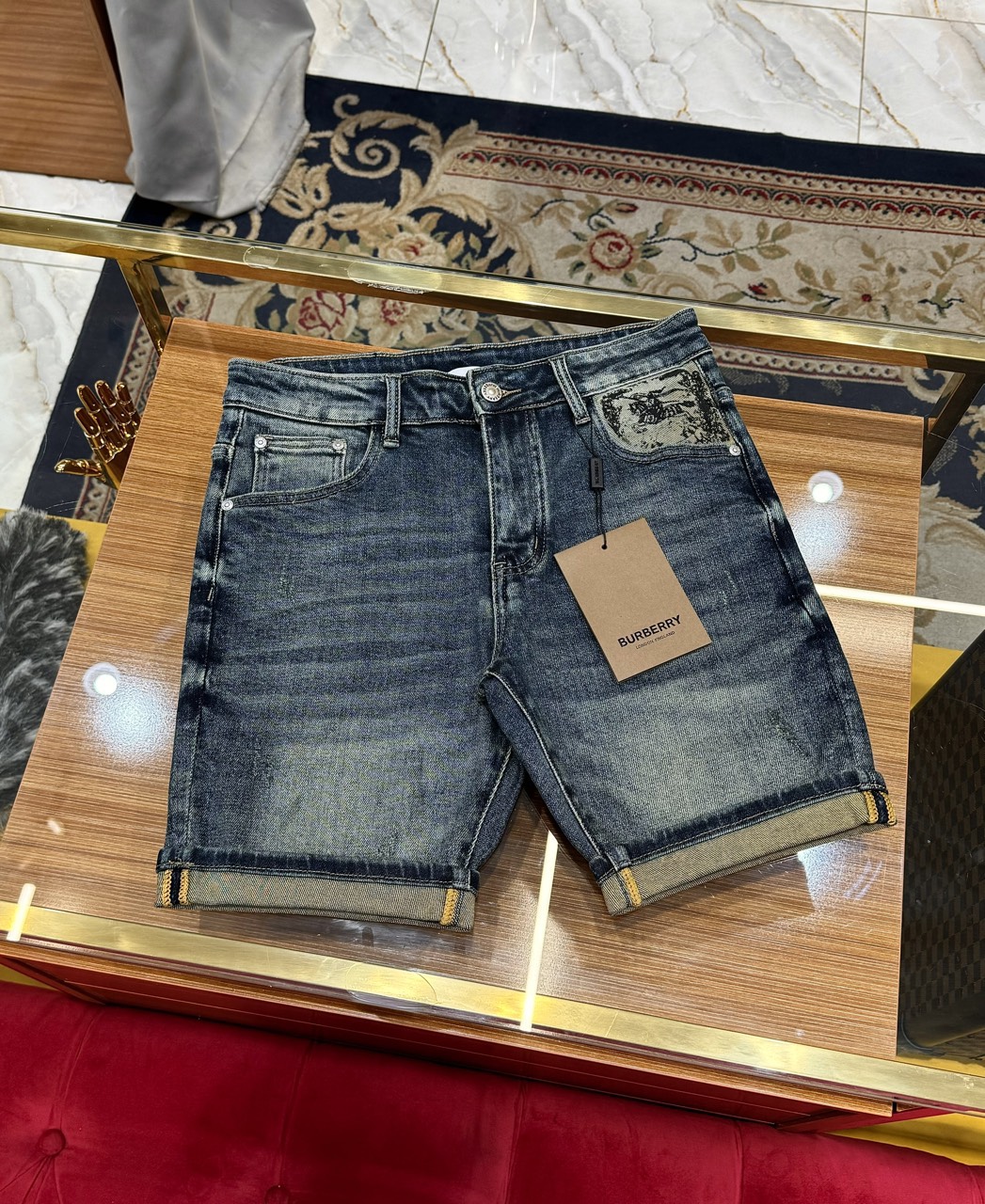 Quần short jean Burberry BBR Xanh họa tiết logo cưỡi ngựa túi Like Auth 1-1 on web CD