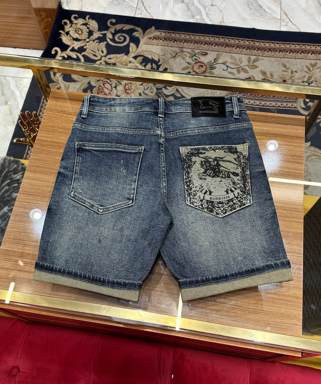 Quần short jean Burberry BBR Xanh họa tiết logo cưỡi ngựa túi Like Auth 1-1 on web CD