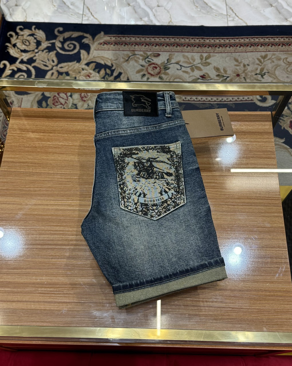 Quần short jean Burberry BBR Xanh họa tiết logo cưỡi ngựa túi Like Auth 1-1 on web CD