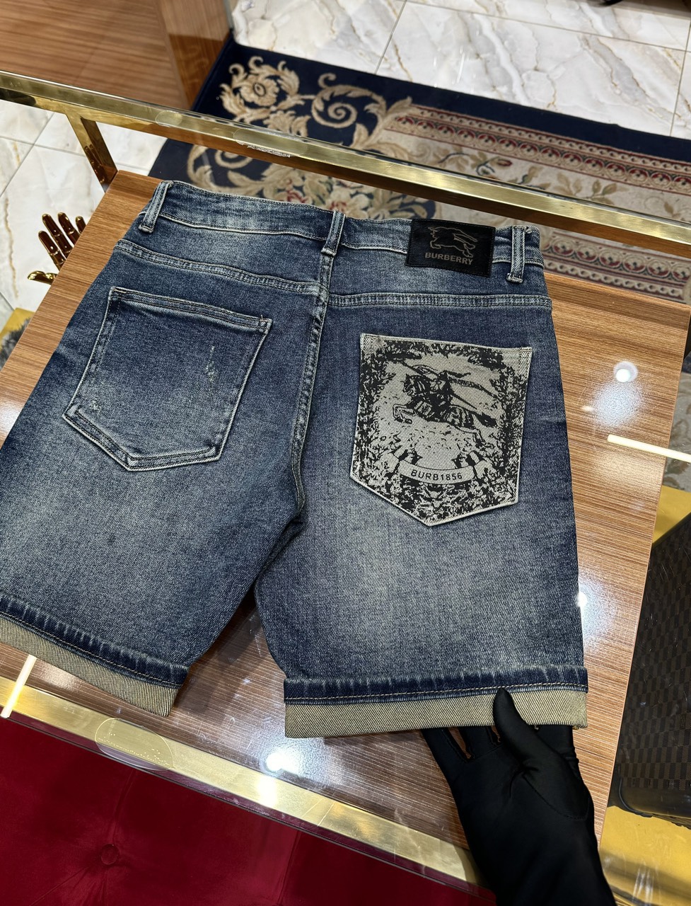 Quần short jean Burberry BBR Xanh họa tiết logo cưỡi ngựa túi Like Auth 1-1 on web CD