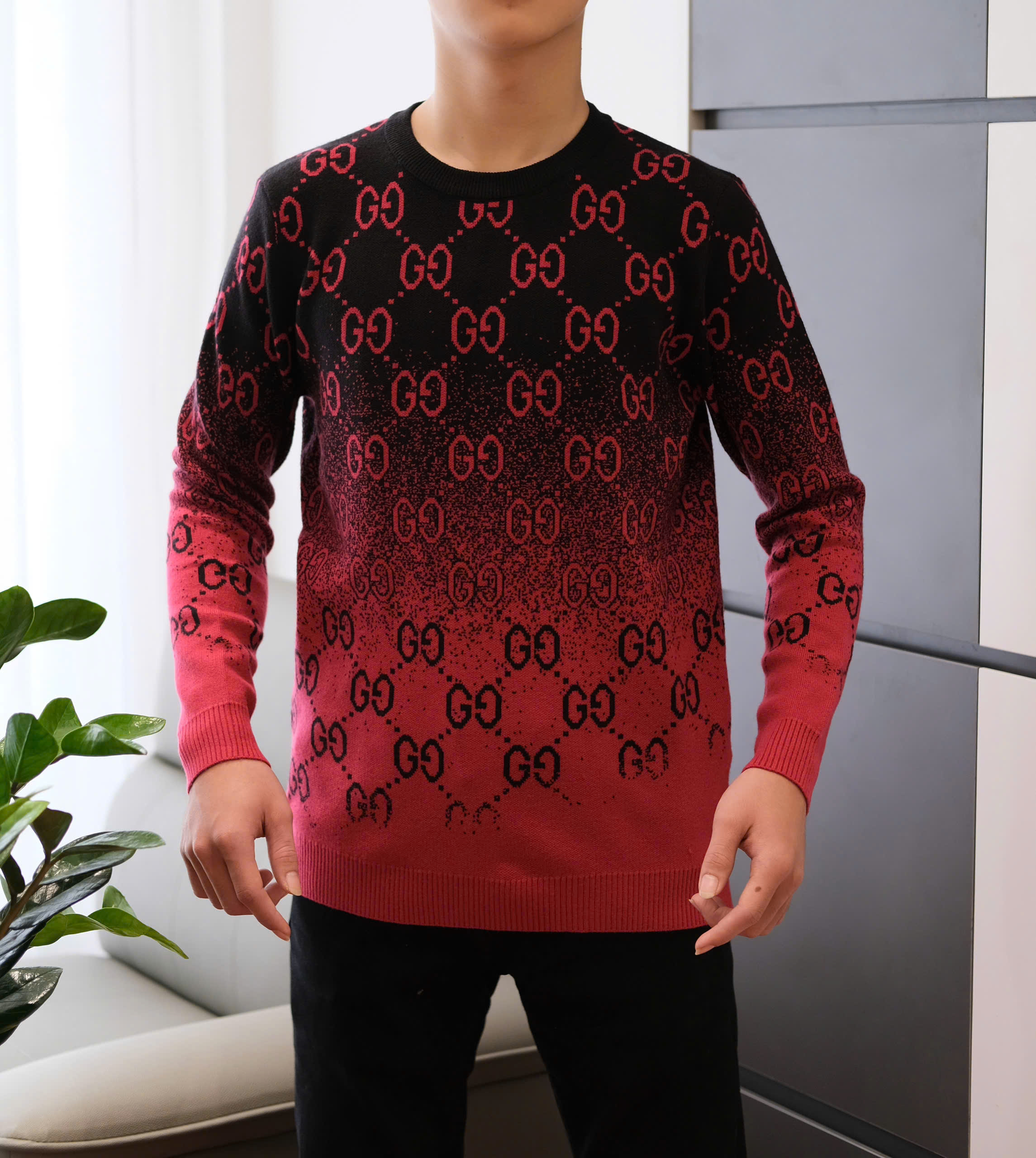 Áo sweater len Gucci GC loang Đỏ Đen monogram full Like Auth M-XXL DDT