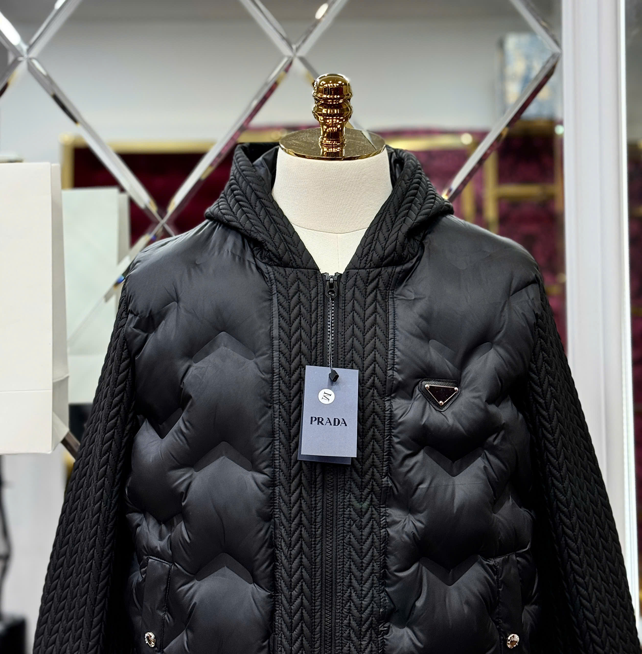 Áo khoác phao Prada phối tay mũ len đan logo tam giác tag ngực Like Auth M-XL MK